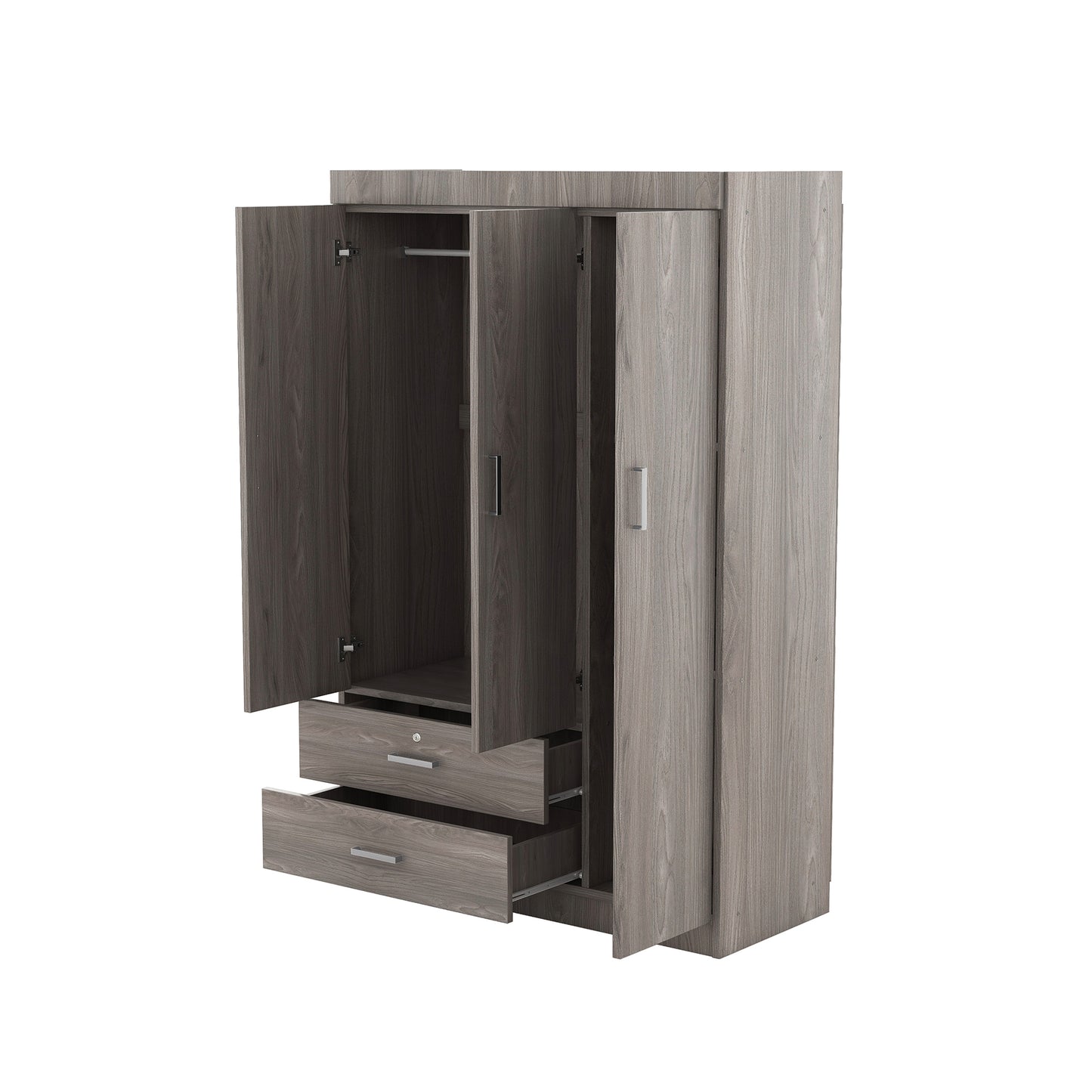 Gray MDF 3-Door Wardrobe - Bedroom Storage Chest