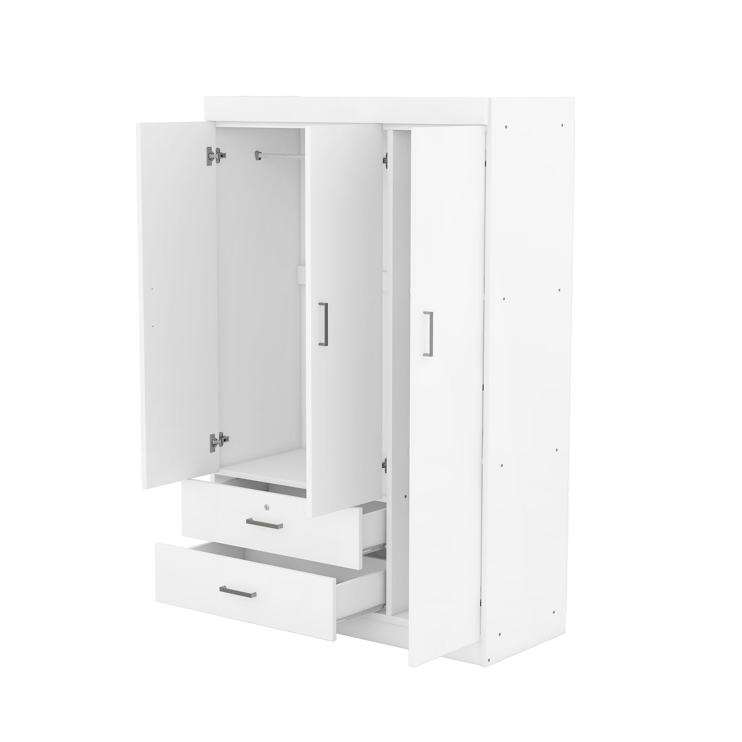 3-Door White Wardrobe with 2 Drawers - MDF Storage