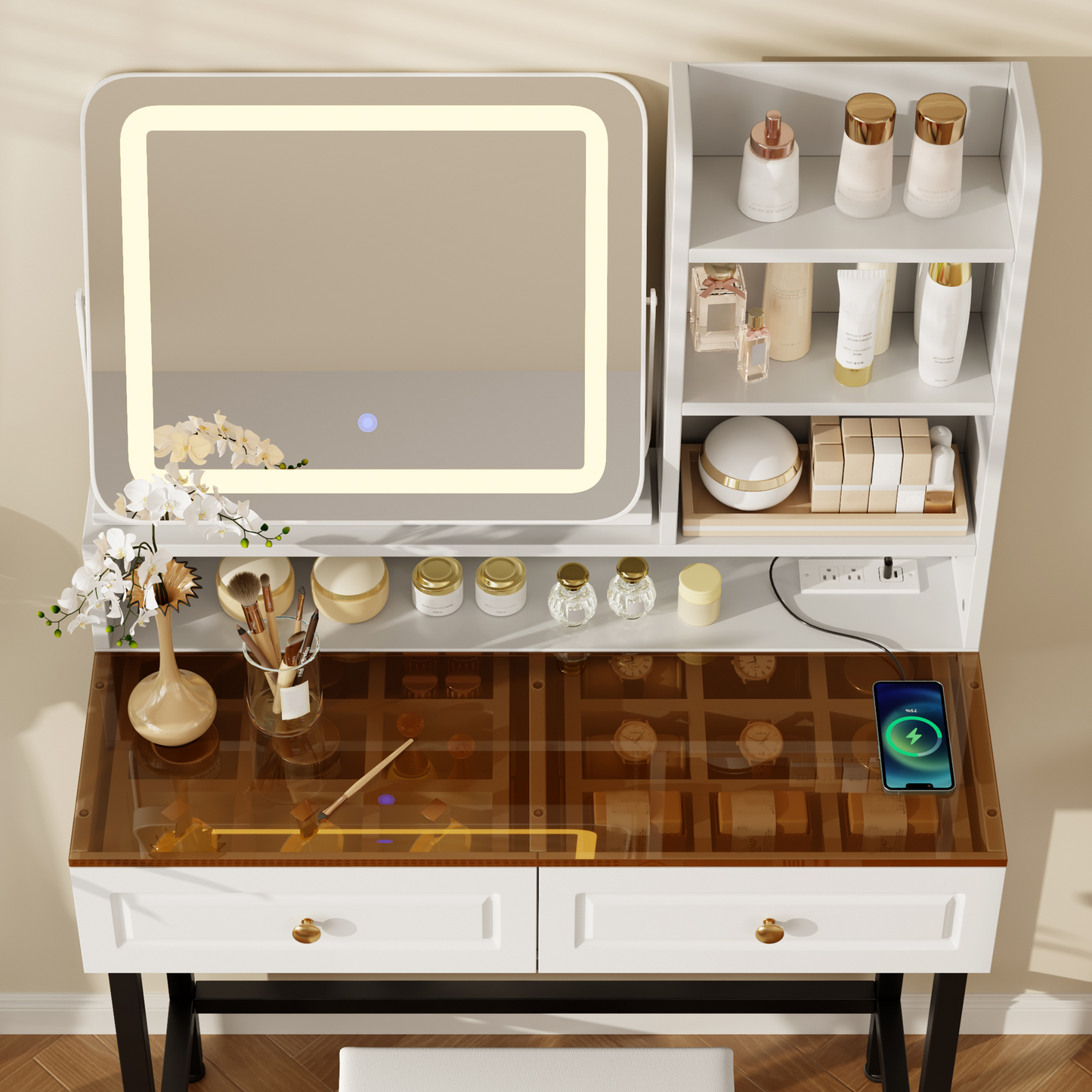 Black White Makeup Vanity with LED Mirror and Storage Drawers for Bedroom