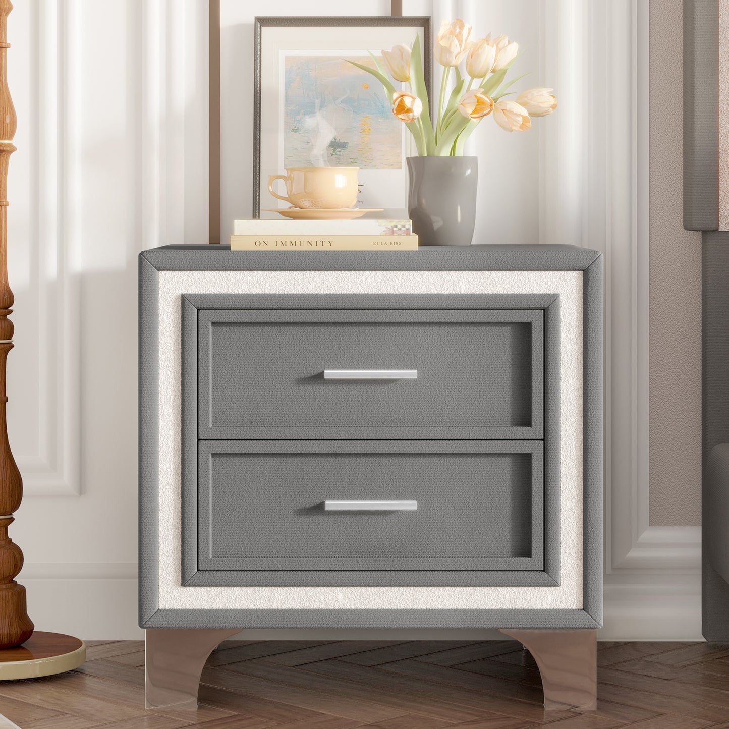 Mid Century Vintage Nightstand with Silver Glitter Strip Decor and Metal Legs, Velvet Bedside Table with 2 Drawers, Fully Assembled Except Legs and Handles, Gray