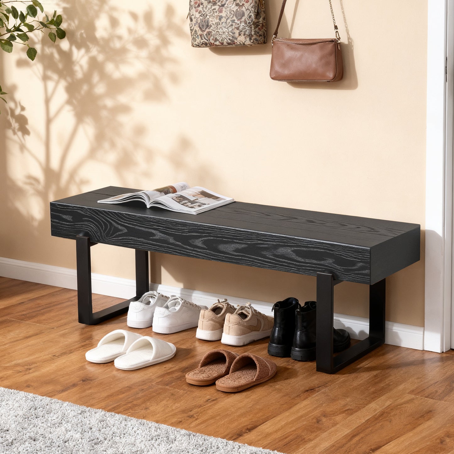 59" Wood Bench for Bedroom End of Bed, Farmhouse Indoor Kitchen Table Benches,Versatile Modern Shoe Bench for Entryway, Black