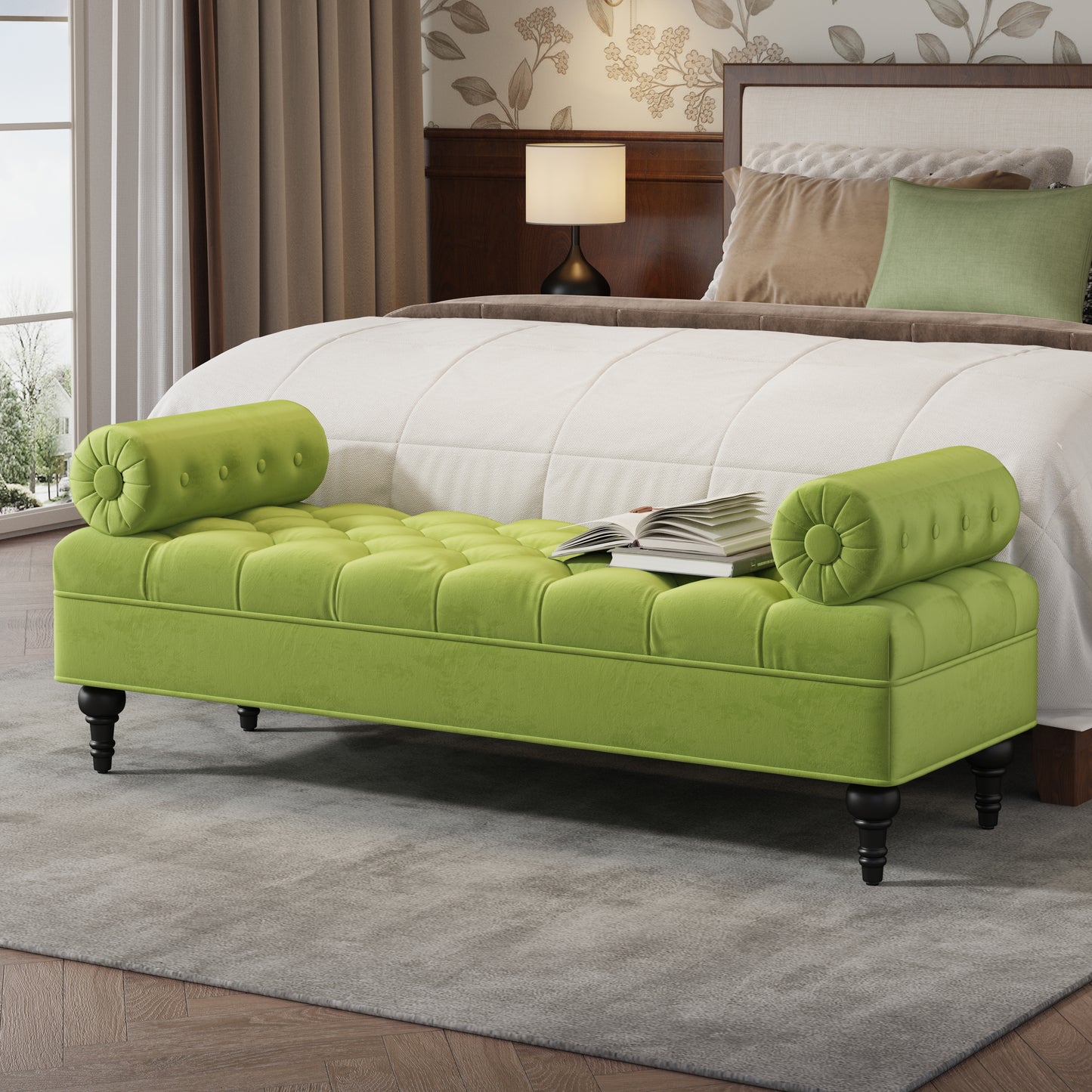 Modern Bedroom Bench,Bench for End of Bed,Velvet Upholstered Bench with 2 Detachable Pillows,Comfy Upholstered Footstool,Ottoman for Bedroom,Living Room, Entryway,Green