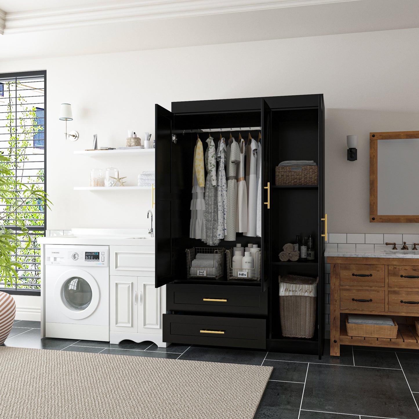 Shaker Style Wardrobe - Black MDF Storage Armoire