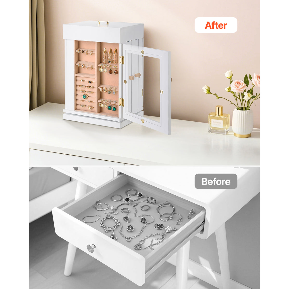 360° Rotating Jewelry Box - White MDF Storage