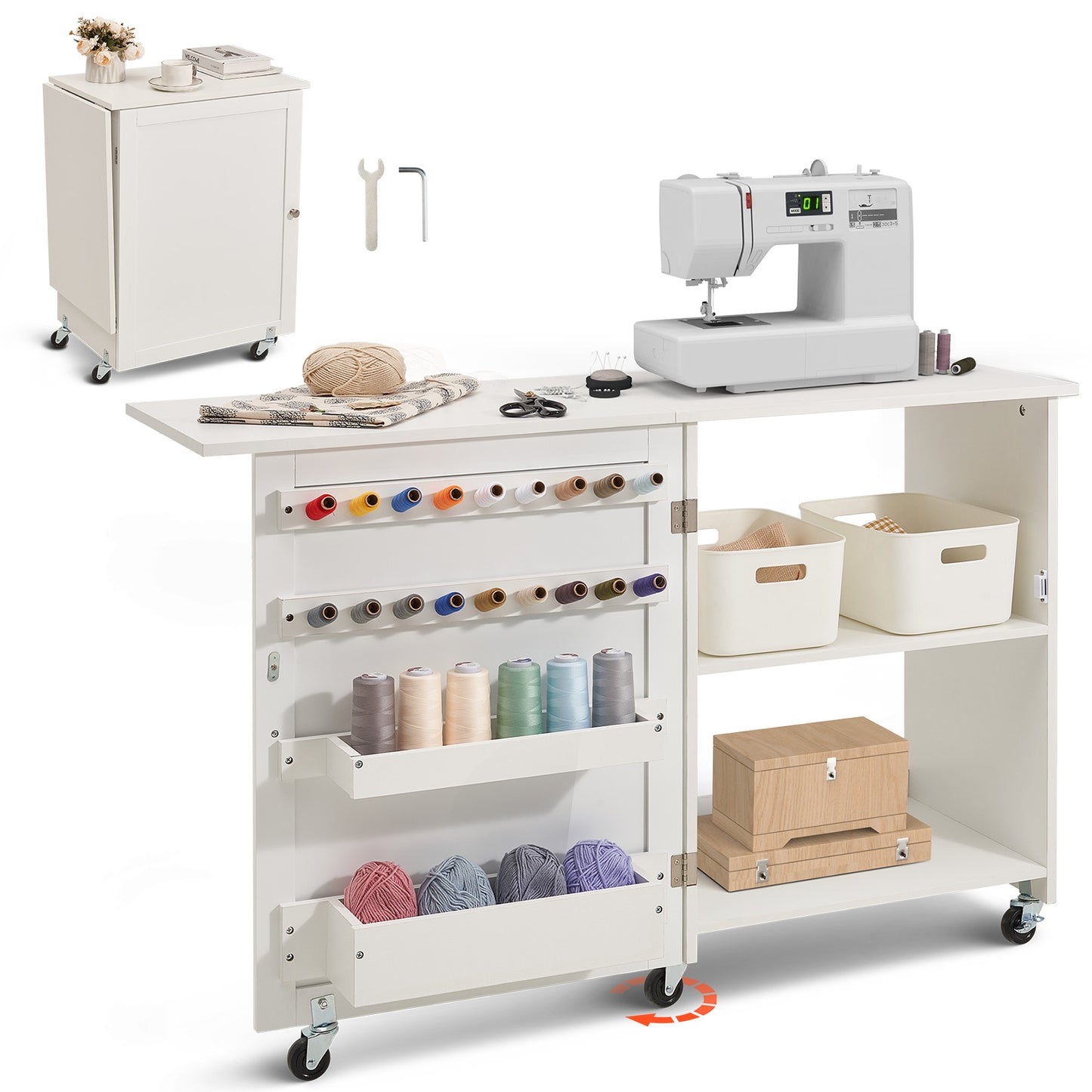 Folding Sewing Table with Storage Shelves & Wheels - White MDF