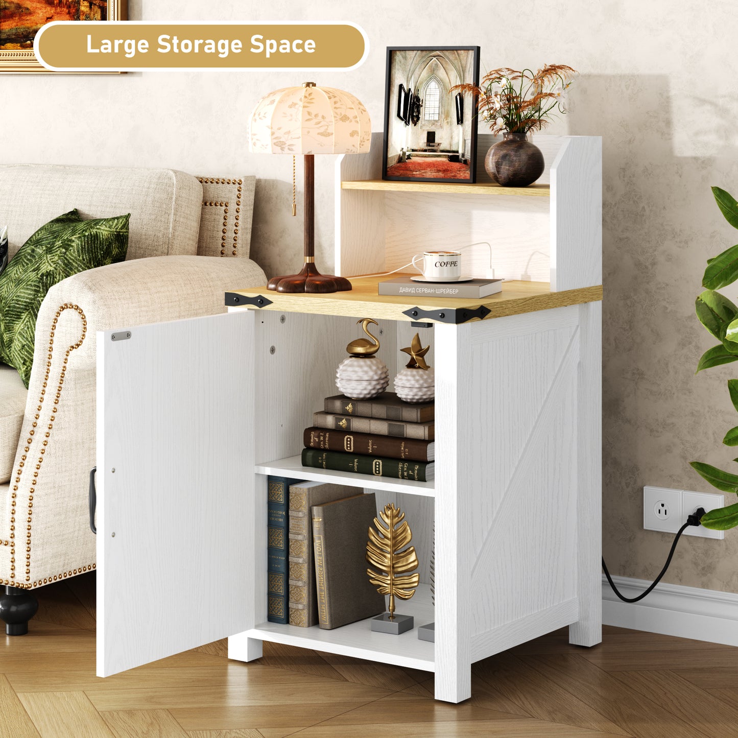 White Farmhouse Nightstand with Charging Station - 18 Inch