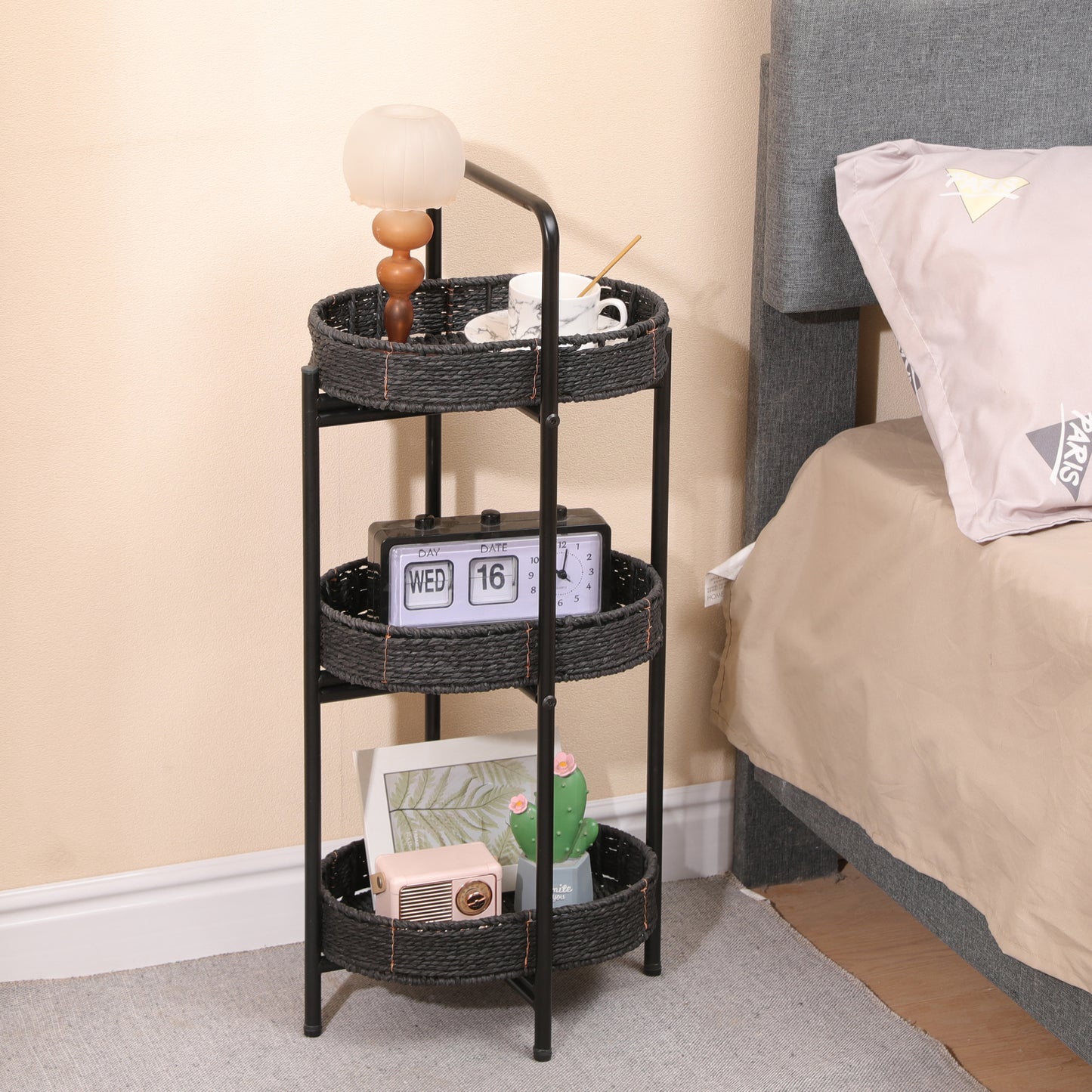 Small Handwoven Side Tables 3-Tier Oval Organizer Portable Storage Shelf for Kitchen, Living Room, Bedroom, Balcony, Picnic (Black)