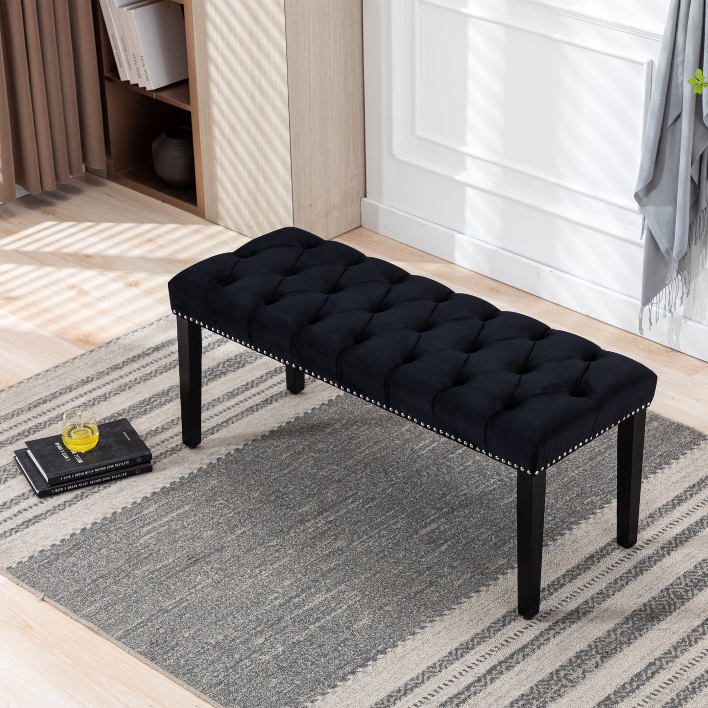Heng Ming Upholstered Tufted Bench Ottoman , Velvet Dining Bench Bedroom Bench Footrest Stool Accent Bench for Entryway Dining Room Living Room, Black