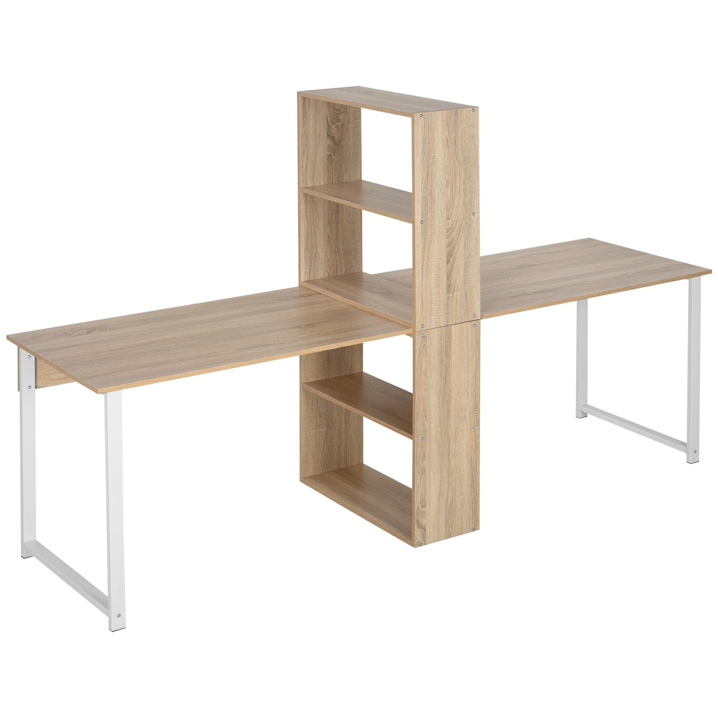HOMCOM 88" Extra Long 2-Person Computer Desk with Storage Shelves Combo, Double Workstation Storage Study Writing Table for Home Office, Bookshelf, Natural Wood Color