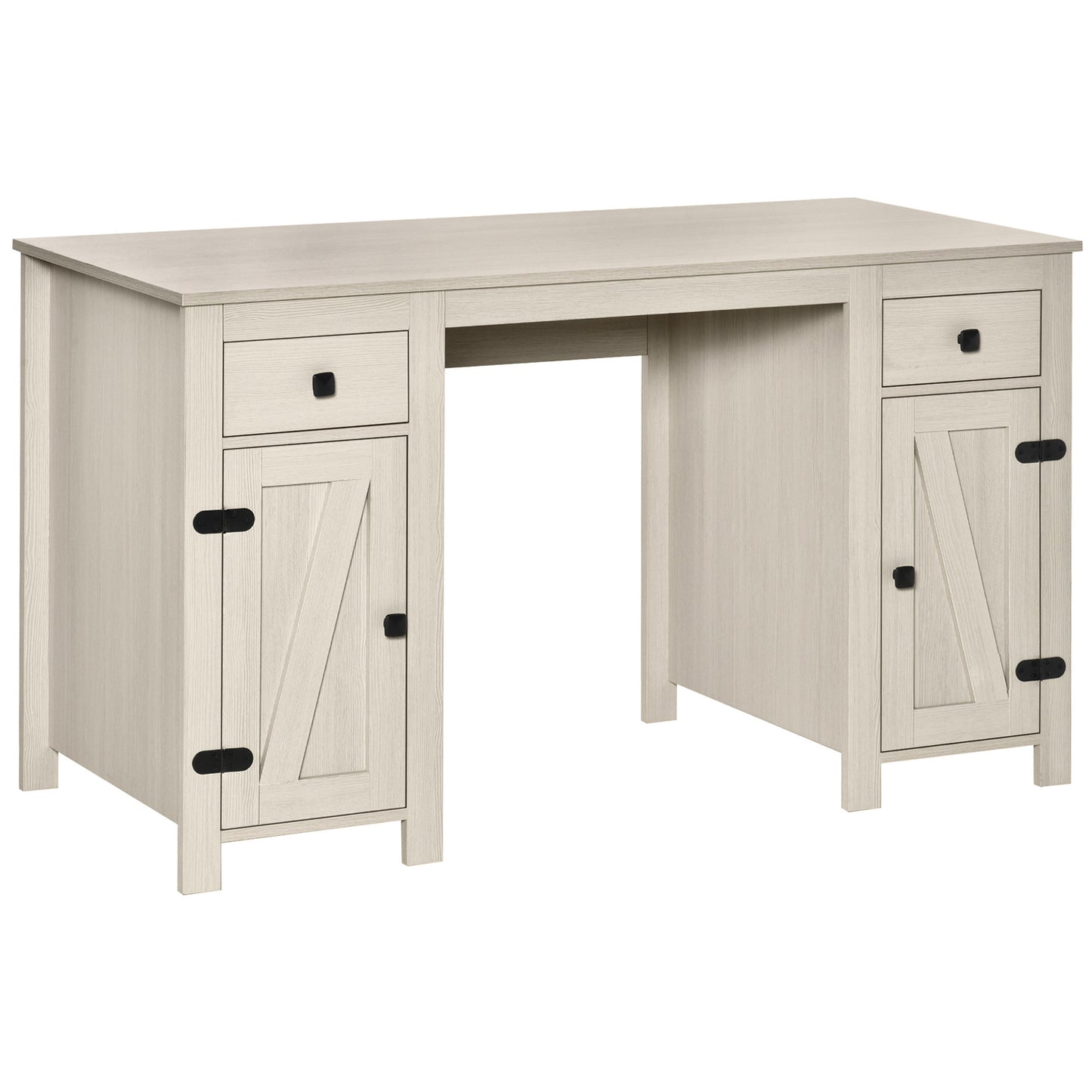 HOMCOM Farmhouse Computer Desk with Storage, Home Office Desk with 2 Drawers and 2 Cabinets, Cream White