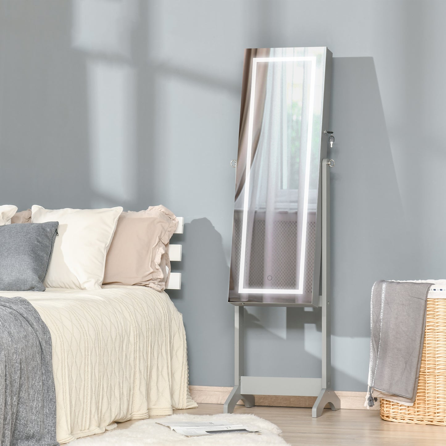Grey MDF Jewelry Armoire with Mirror and LED Lights for Bedroom Storage