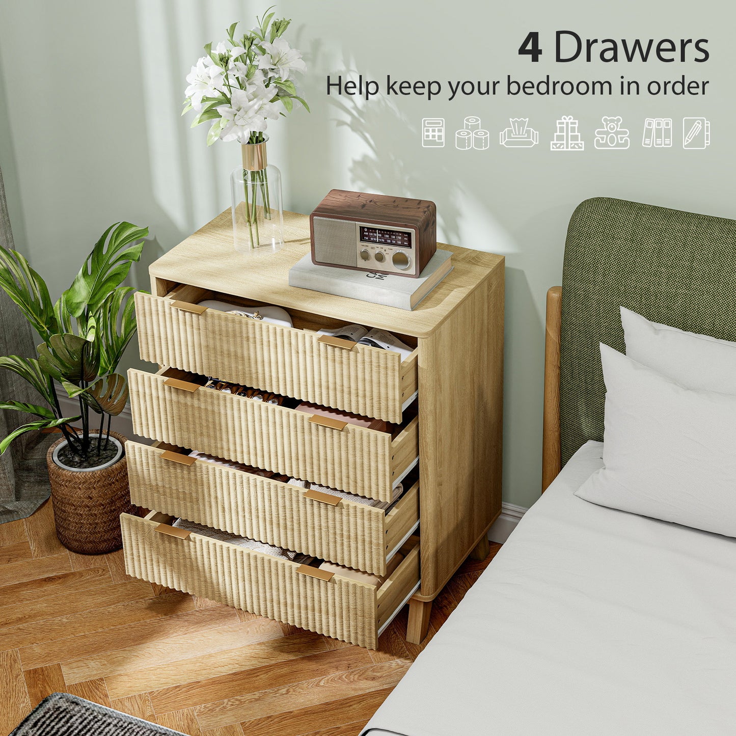 Wood Nightstand with 4 Drawers - MDF Chest of Drawers for Bedroom