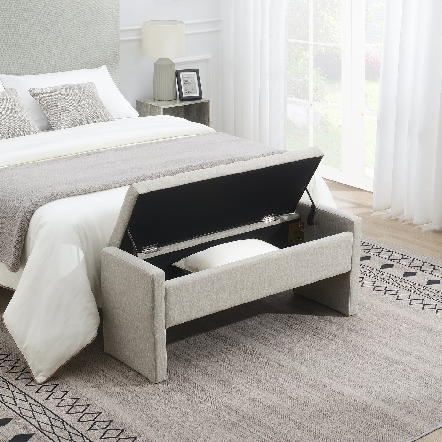 Modern Bed End Bench with Storage,Upholstered Large Foot Rest Stool, Comfy Window Vanity Bench for Living Room,Bedroom,Dorm,Coffee Table,Linen Light Grey