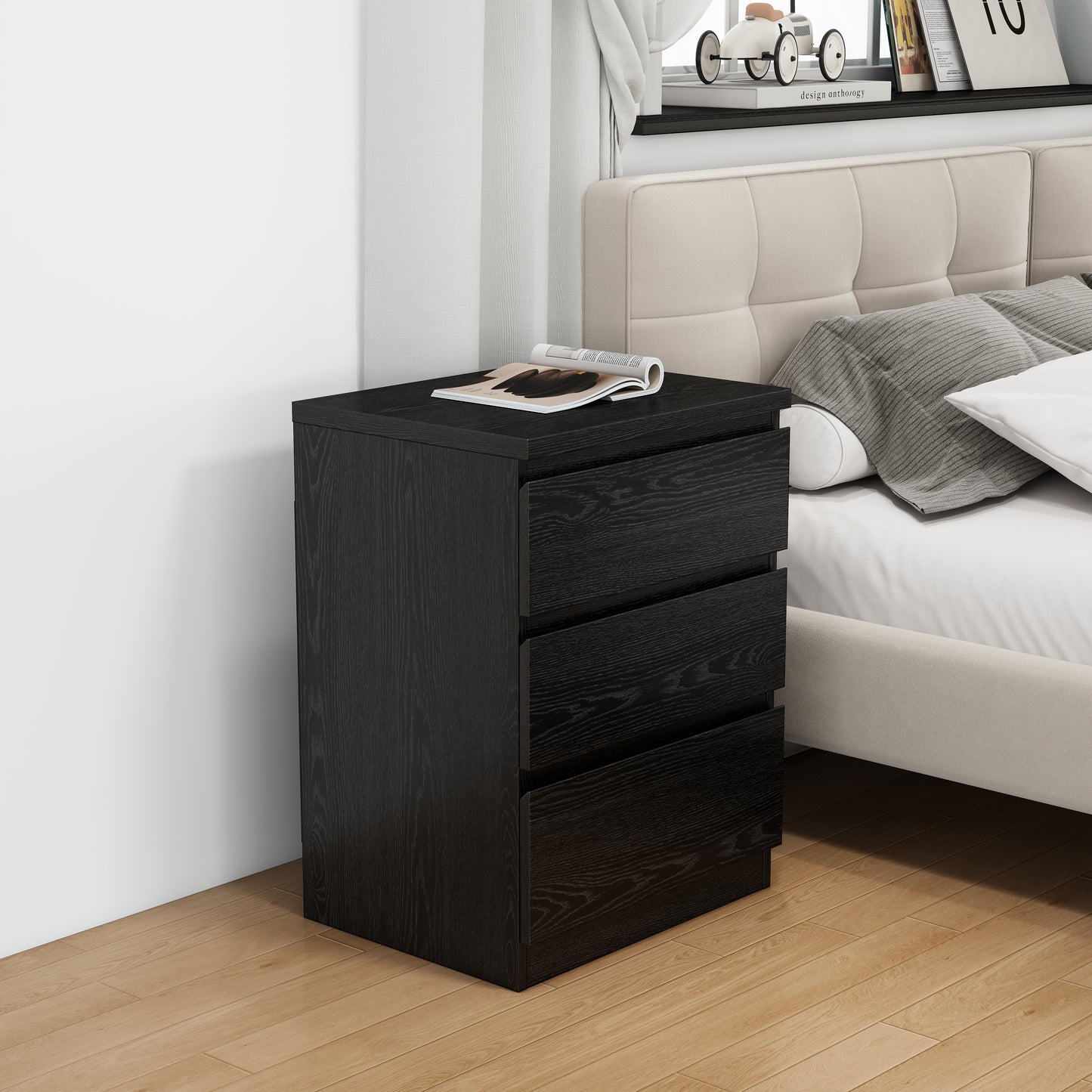 19.7-Inch Black Nightstand with 3 Drawers, Beside Table with Drawers Handle Free Design,Thickened Top Plate,Small Side Table Storage Cabinet 3 Drawer Night Stand for Bedroom,Living Room