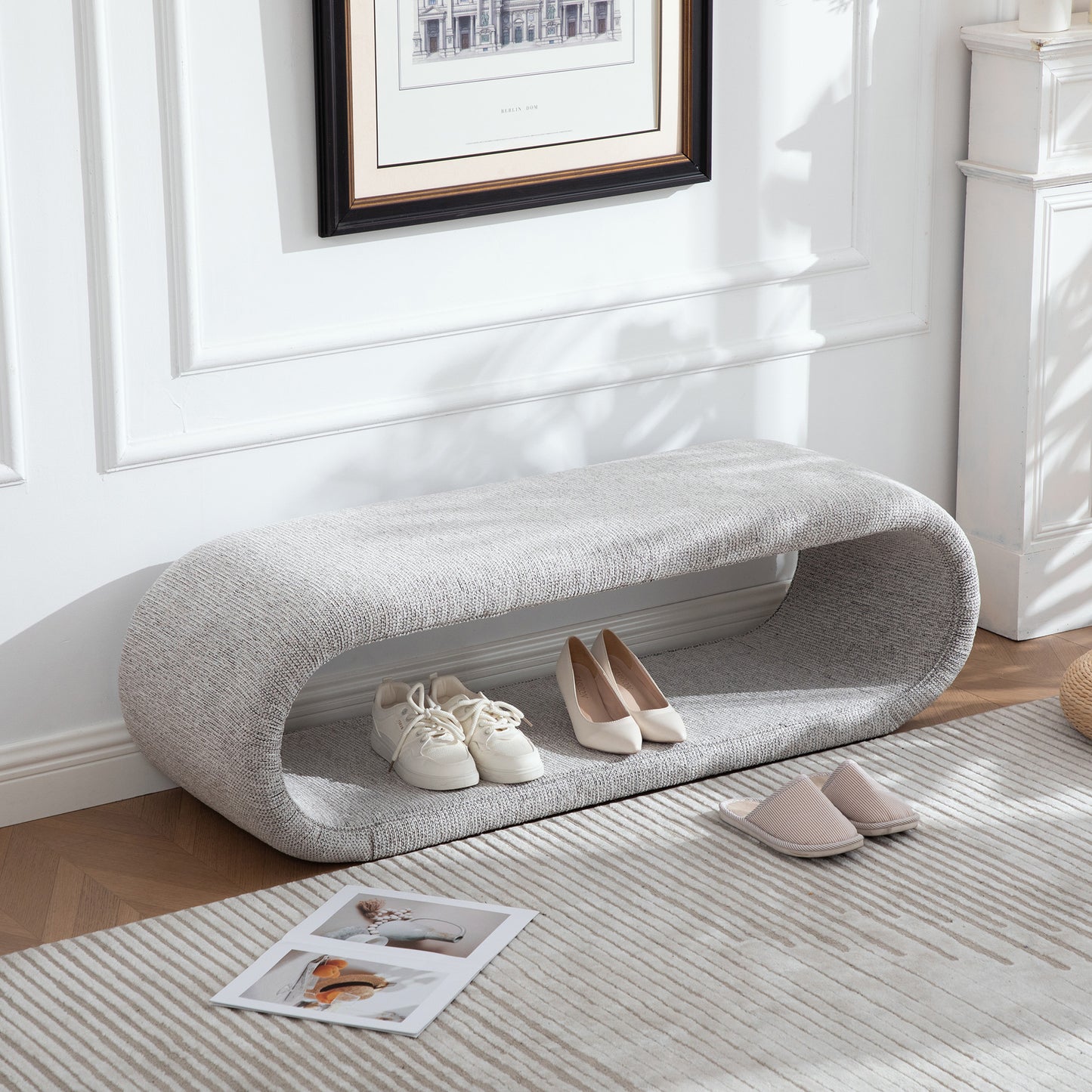 52.17"Wide Chenille Upholstered Bench for Bedroom End of Bed,Modern Shoe Bench for Entryway,equipped with an iron frame,Dining Room, Living Room,Bedroom,Light brown