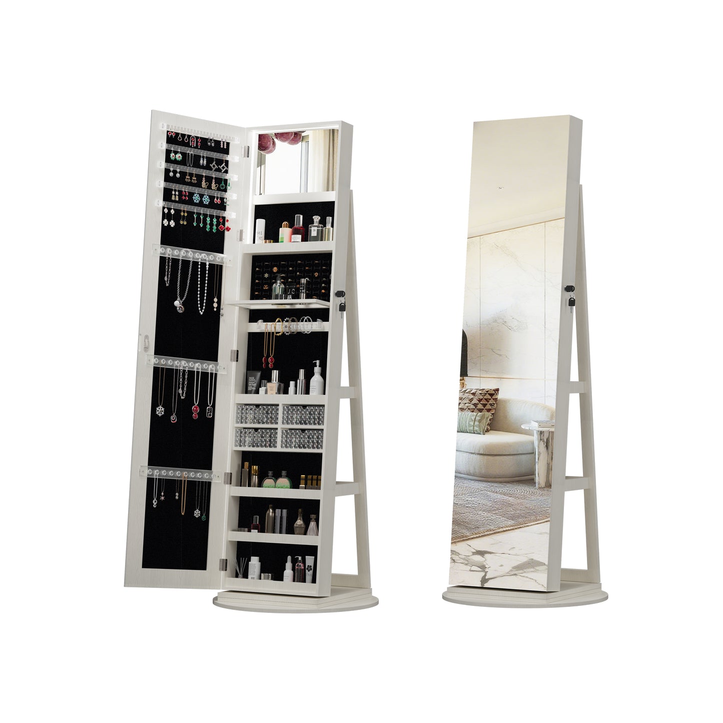360°Swivel Jewelry Cabinet with Full Length Mirror, 360°Rotating Standing Jewelry Armoire Organizer, Lockable Storage Cabinet, Interior Lighted Mirror, White