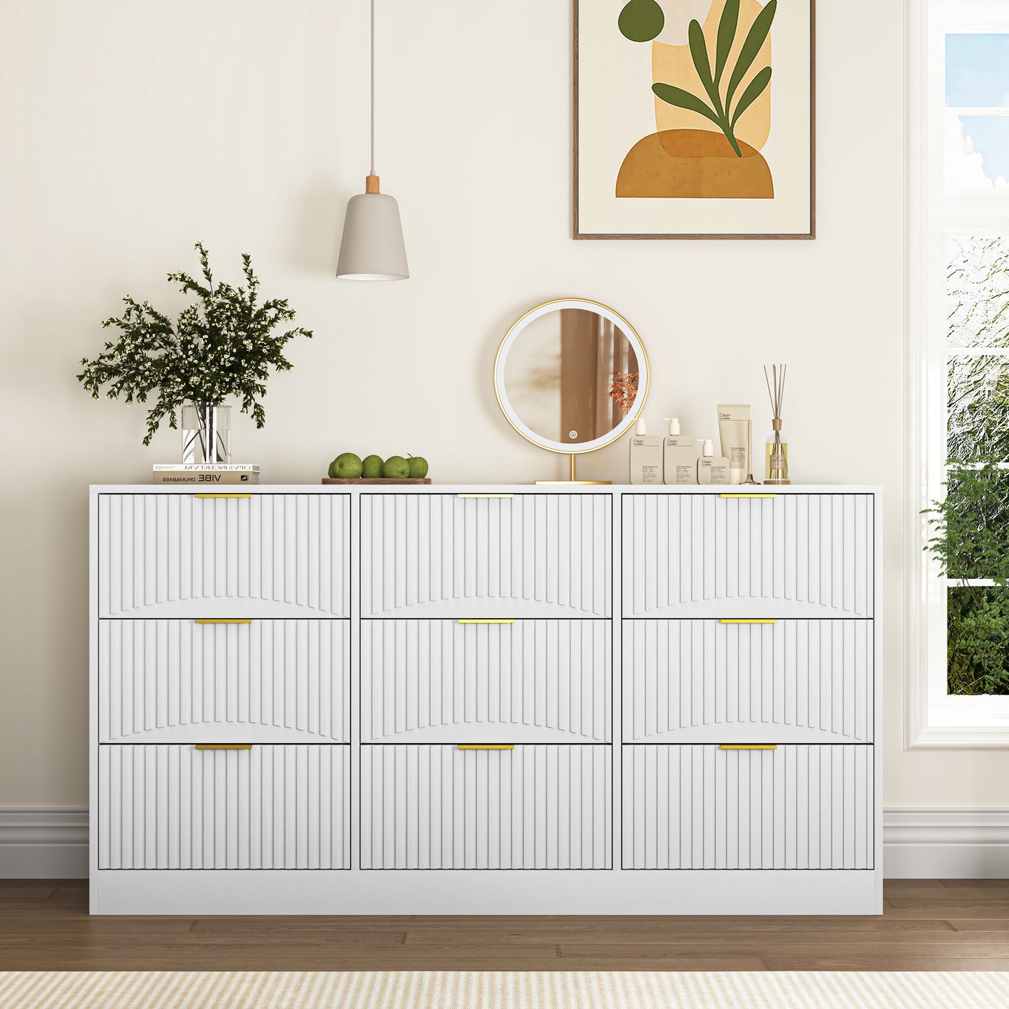 White 9 Drawer Dresser, 63" Large Deep Chest of Drawers, Wooden Dresser Storage Cabinet with 9 Drawers for Bedroom, Long Dressers for Living Room, Hallway, Drawer panel with wavy patterns