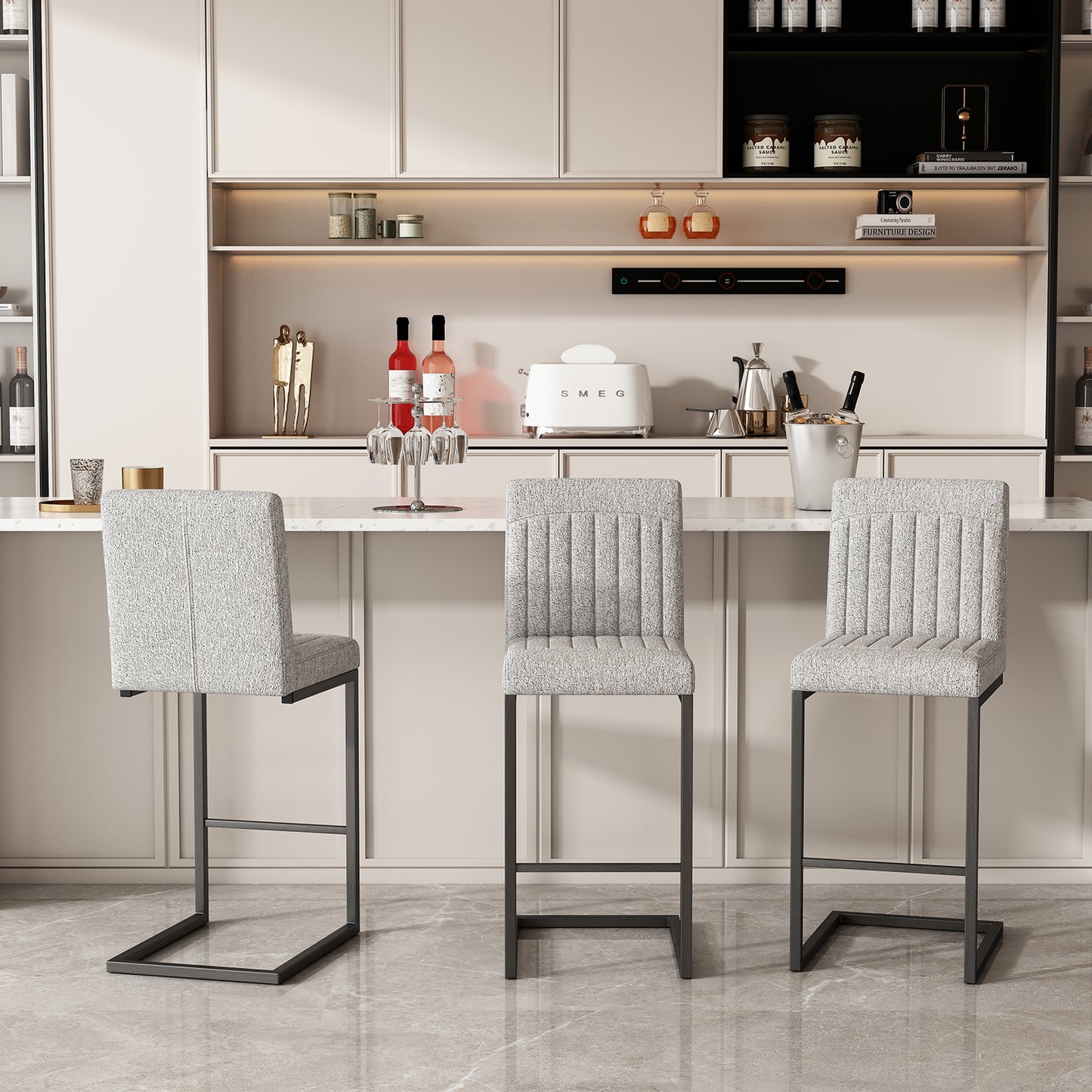Bar Stool – Light Gray Fabric Chair with Sturdy Black Metal Frame, Stylish & Comfortable Seating for Kitchen Island, Living Room & Pub,2 Sets