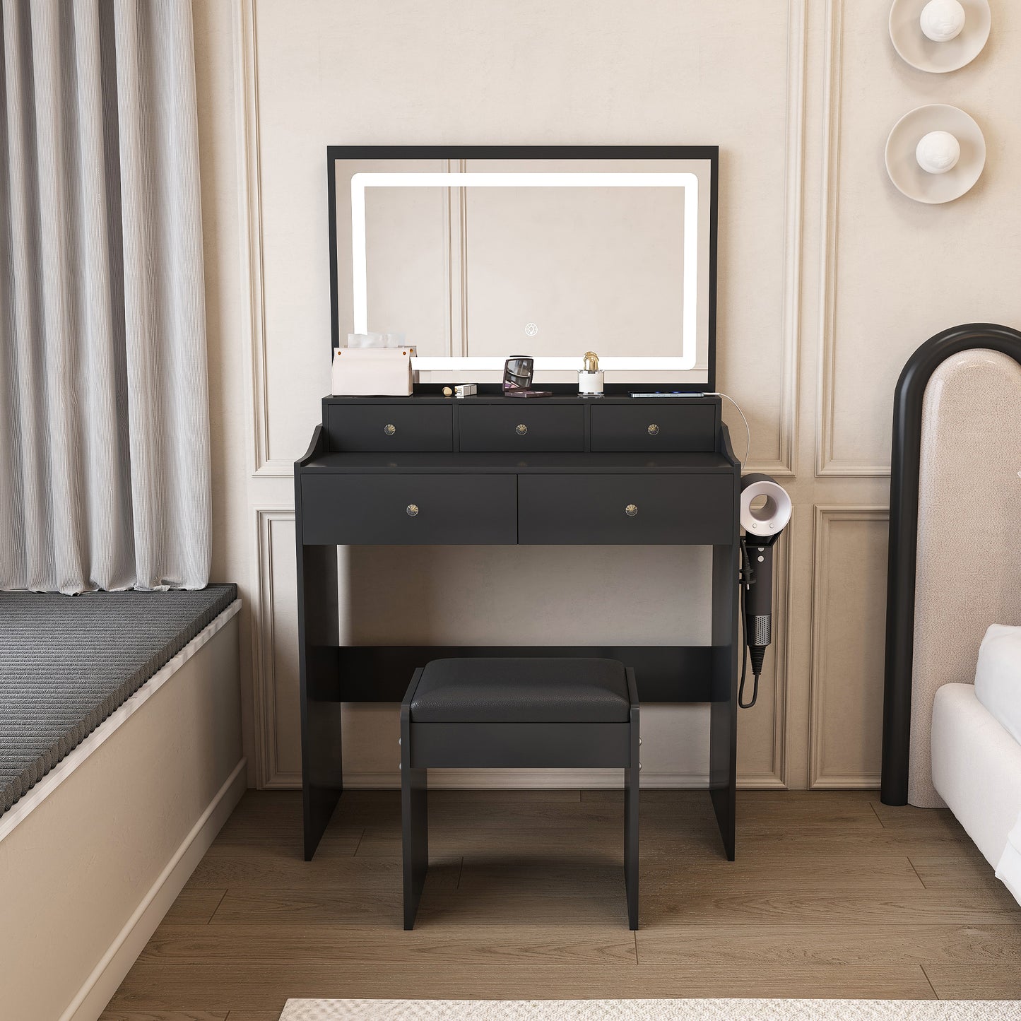 New Large Mirror Vanity Desk for Bed room , Modern Makeup Vanity Set with Power Outlet and Hair dryer holder, 5 Drawers , 3 Lighting Color Adjustable Dressing Table for Bedroom, Black Color