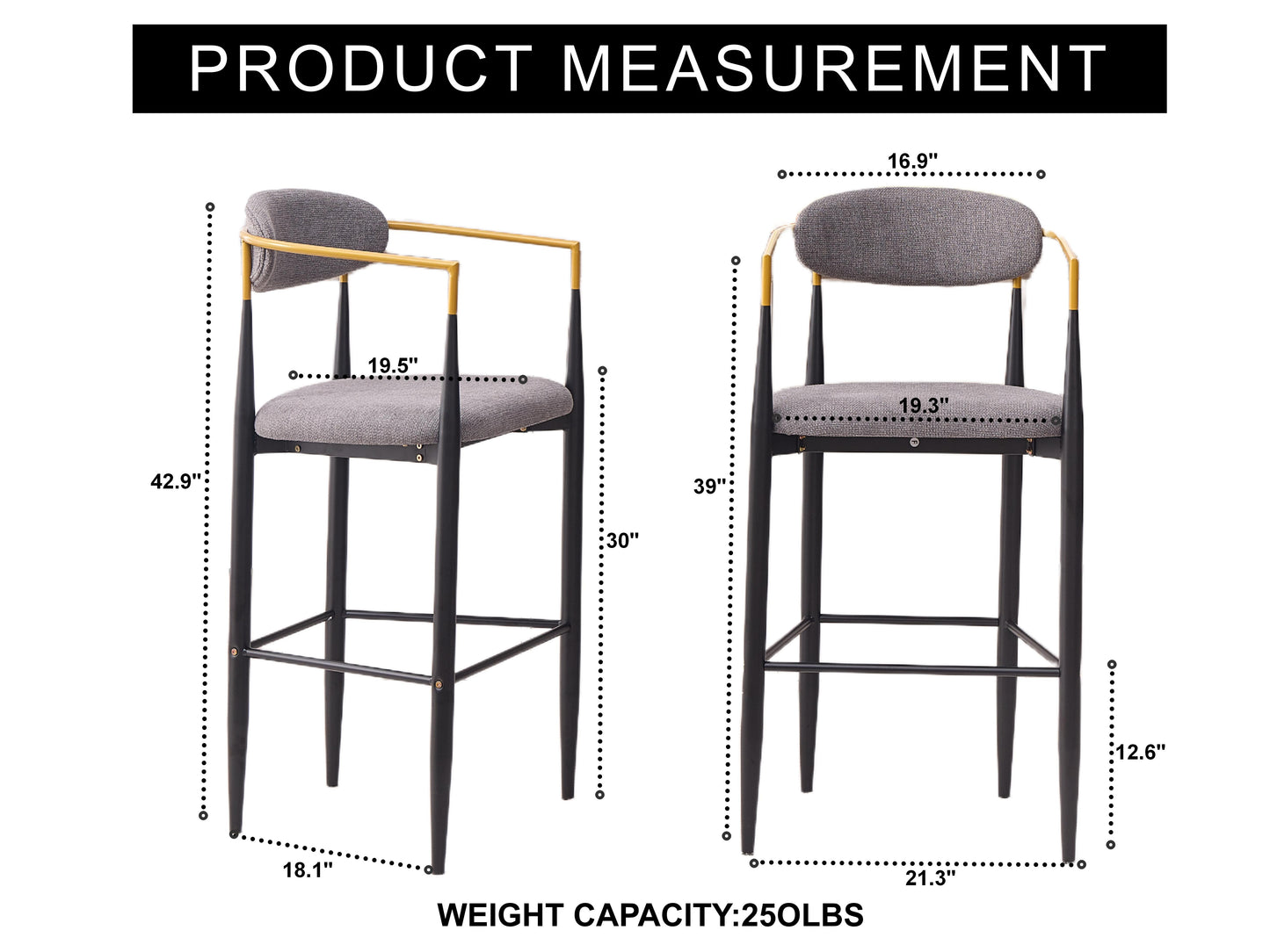 Grey Upholstered Bar Stool - 23" Seat Height, Foam & Metal Frame for Bedroom