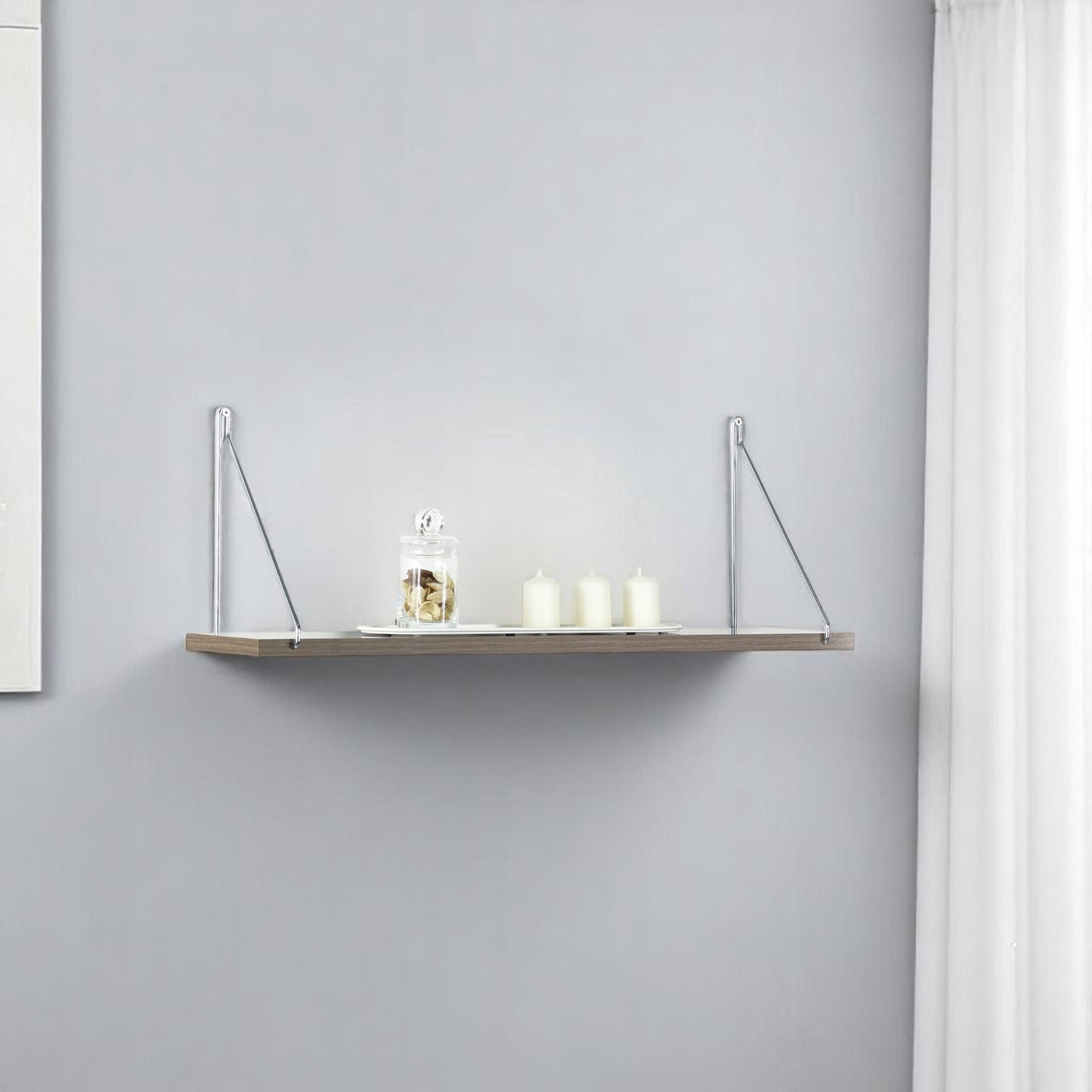 Palmer Floating Wall Decor Wall Mounted Rustic Decorative Hanging Metal Bracket Single Shelf for Books, White/Chrome