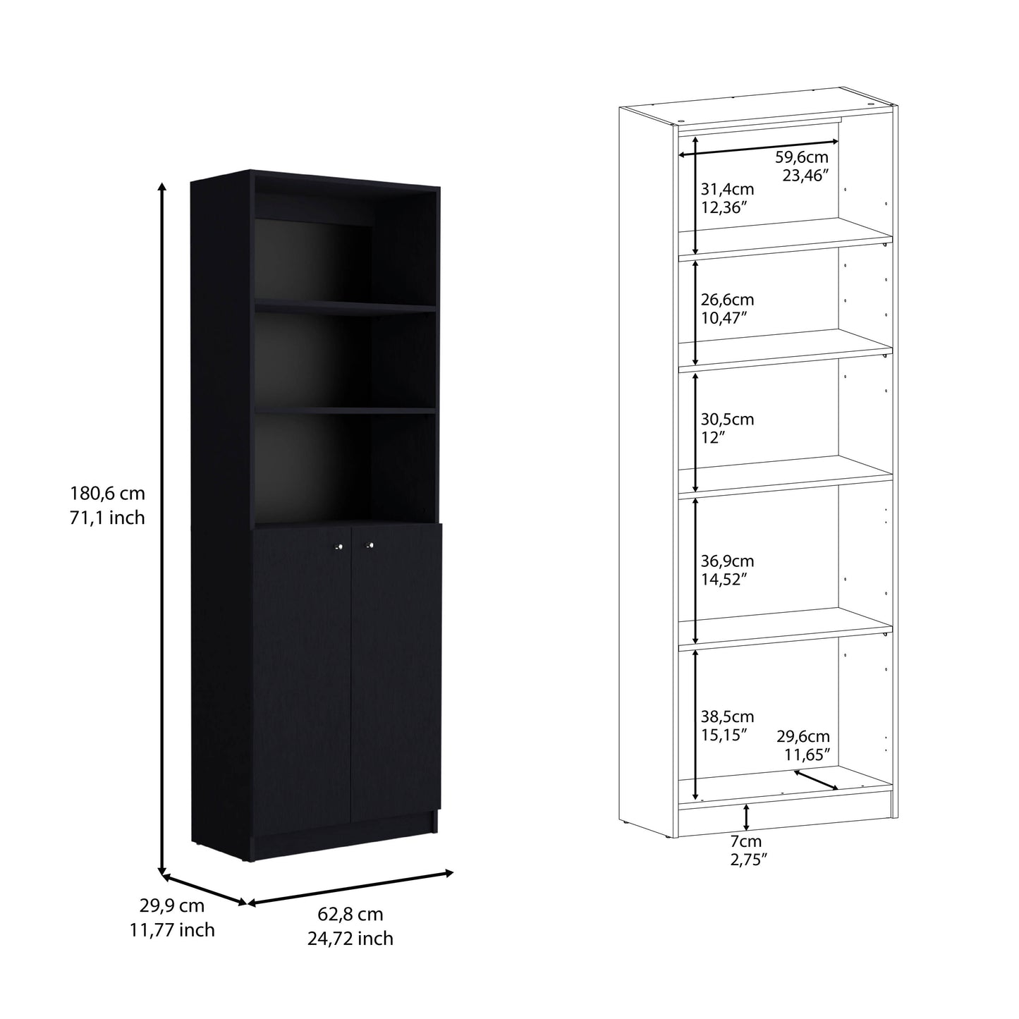 Black Modern Office Bookcase - 2 Door Storage Cabinet