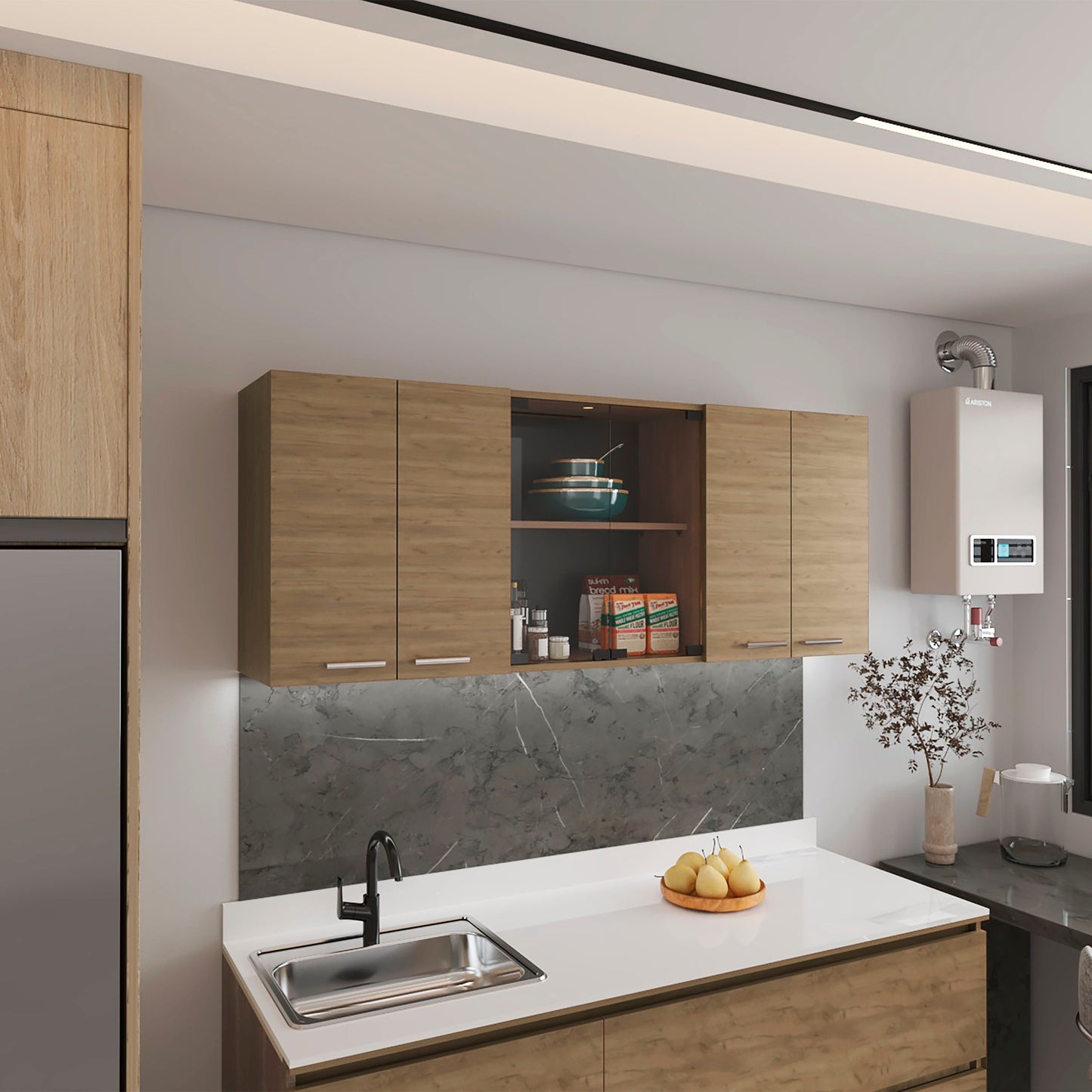 Wall Cabinet 24" H, four Doors, with two internal Shelves and internal plate and glass organizer, two Storage Shelves with two glass Doors