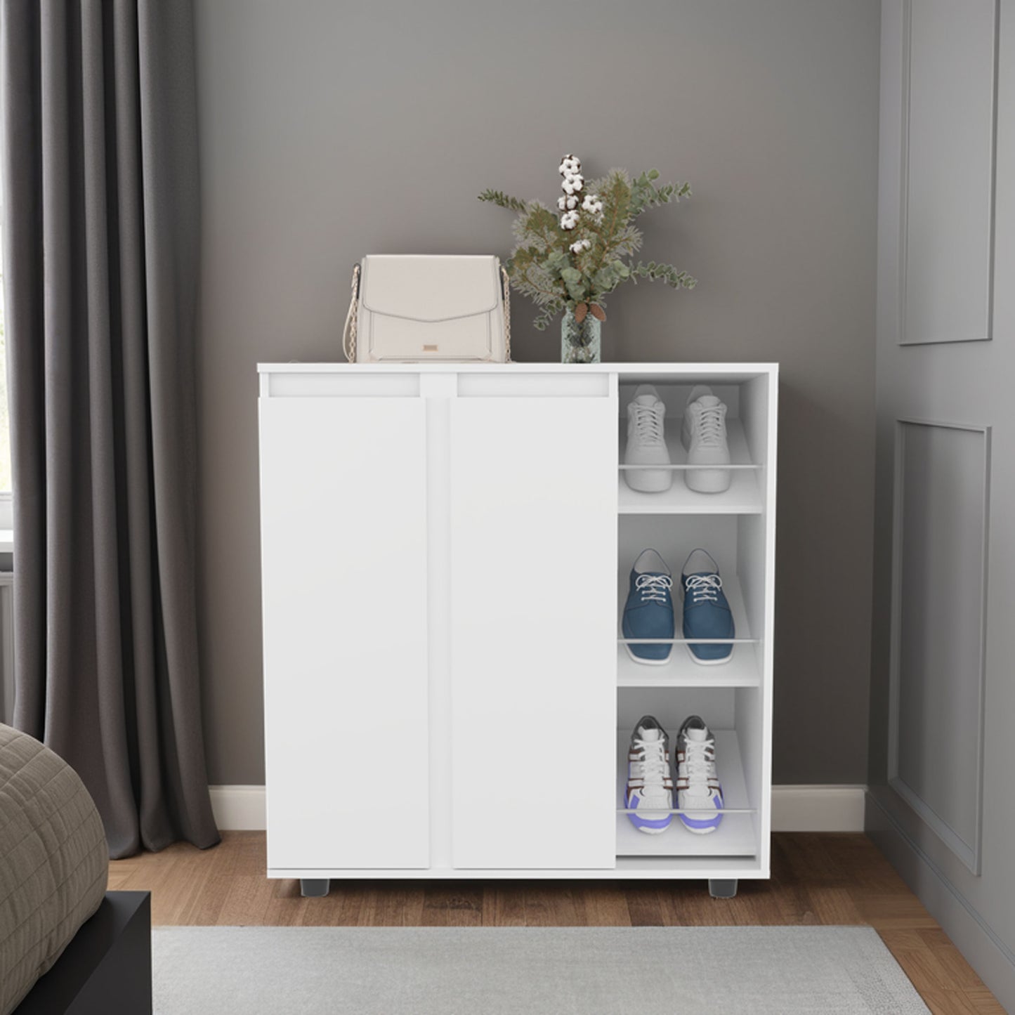 Shoe Rack 36" H, 2 Doors, 11 Shelves, White - Bedroom