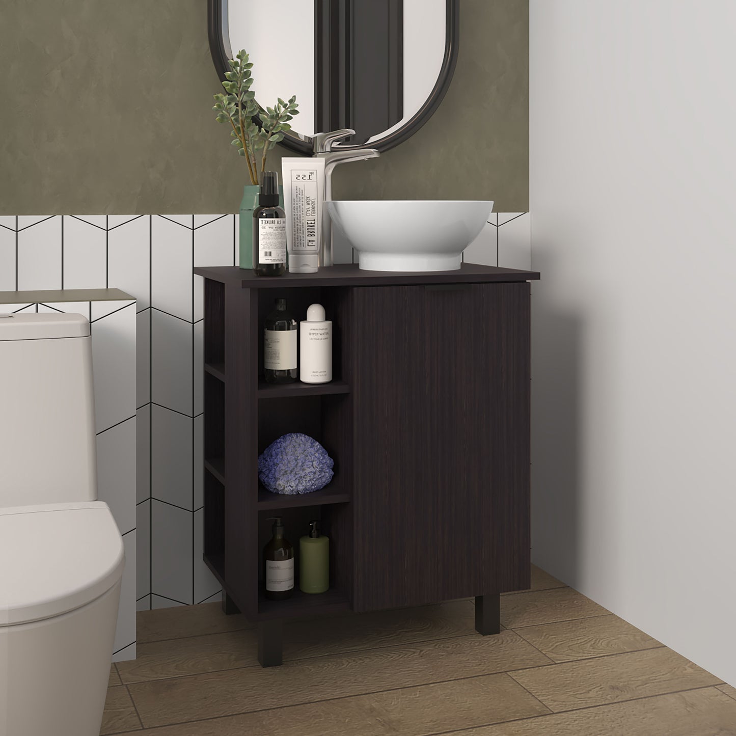 FM FURNITURE Pinal Bathroom Vanity, Single Door, 8 Storage Shelves (6 Open + 2 Closed), Open Storage Design, Wengue