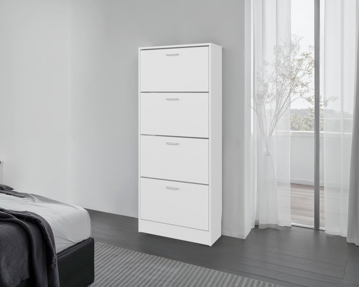 FM FURNITURE INOLA Vertical Shoe Cabinet with Doors for Home Organization, White