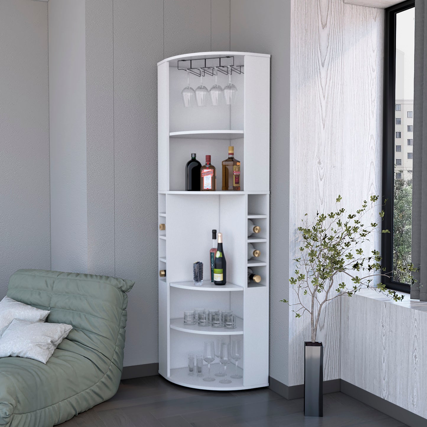 Clifton Corner Bar Cabinet, with 5 shelves, Cup Hanger and Eight Built-in Wine Rack
