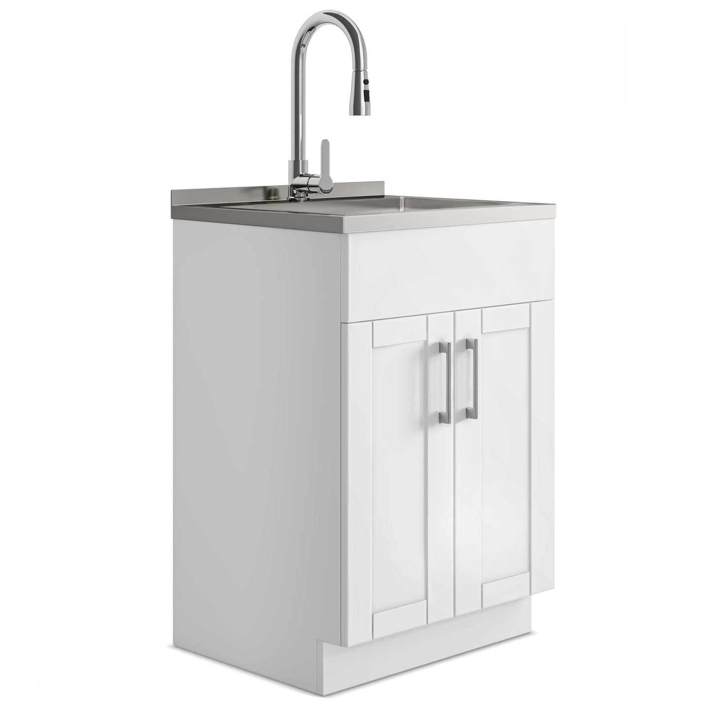 Modern Wide Shaker - 24" Laundry Cabinet with Faucet and Stainless Steel Sink - White