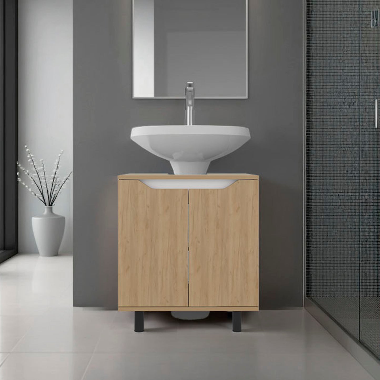 Marlo Under Sink Cabinet with Two Doors and Interior Storage Shelves, Cut-Out Back, 22 Wide Freestanding, Modern Bathroom Storage, Natural Oak