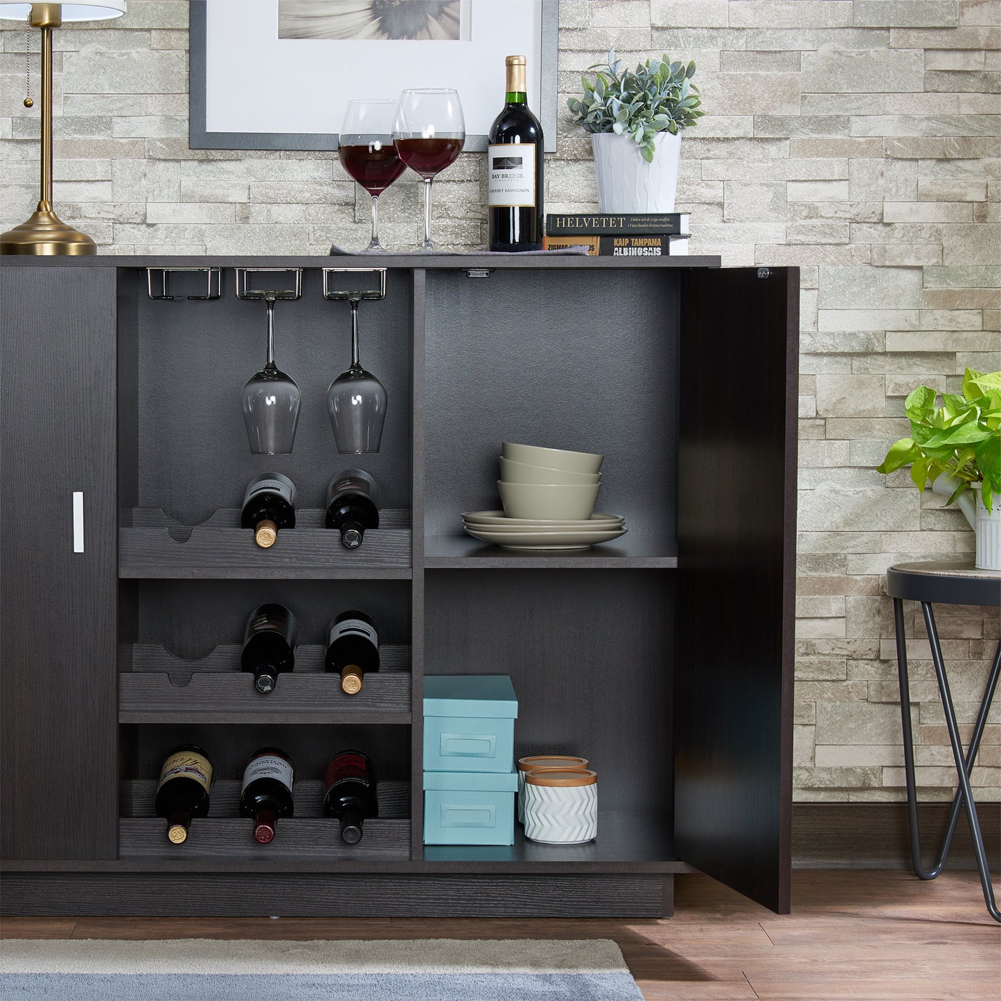 Espresso Wine Cabinet with Storage Shelves for Living Room