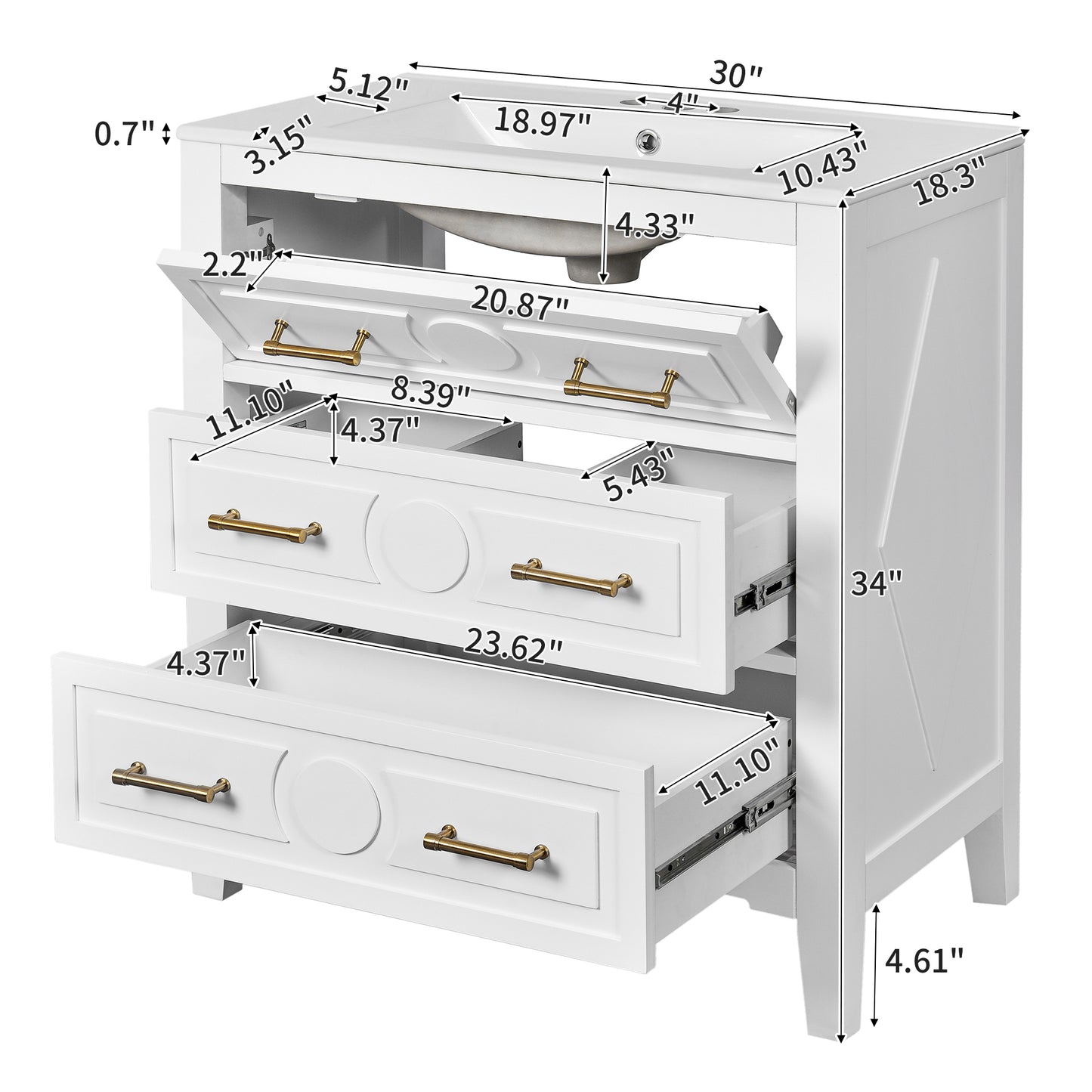 Retro White Ceramic Bathroom Vanity - 30" Storage Cabinet
