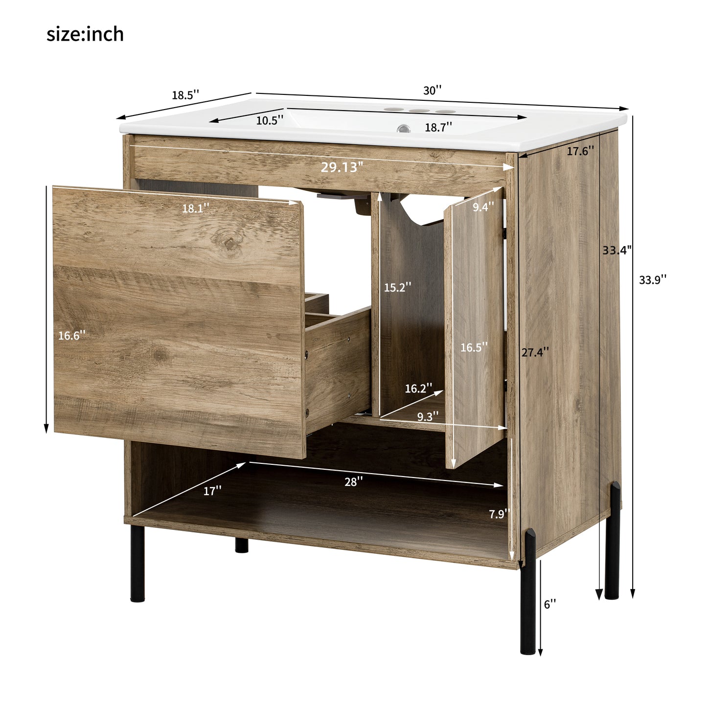 30" Modern Wood Bathroom Vanity with Sink - Storage Cabinet