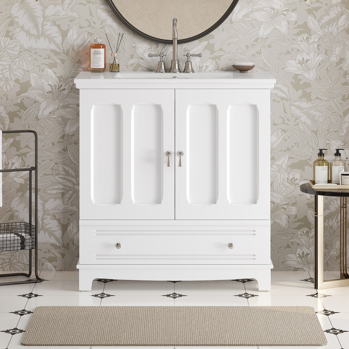 30" Bathroom Vanity with Ceramic Sink, Solid Wood Frame Bathroom Sink Cabinet with Adjustable Shelf, Drawer with Divider, Solid Wood Feet