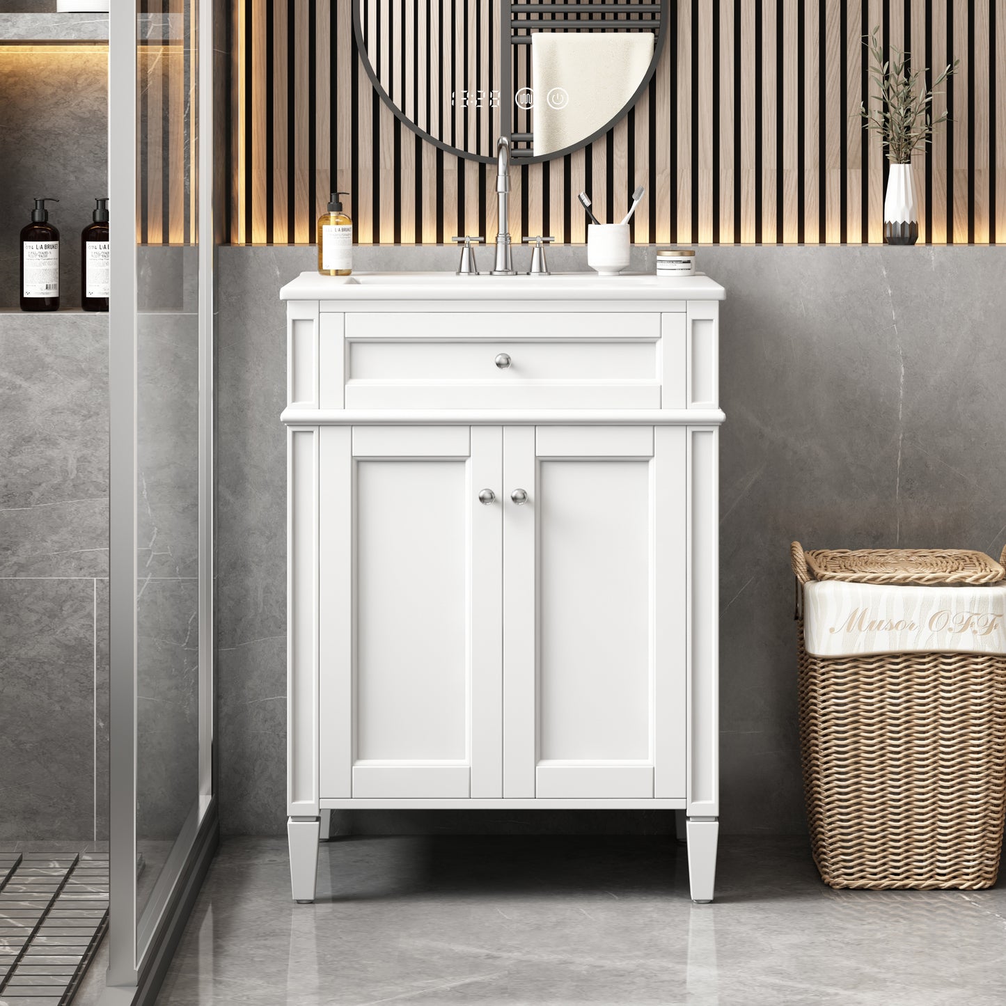 24" Bathroom Vanity with 2 Doors and Tip-Out Drawer, Bathroom Storage Cabinet with Sink, Soft-Closing Doors with Organizers