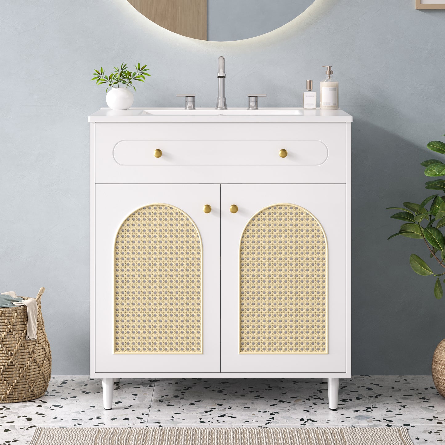 30" Bathroom Vanity with Ceramic Sink, Solid Wood Frame Bathroom Sink Cabinet with Adjustable Shelf, Tip-Out Drawer, Rattan Front Panels