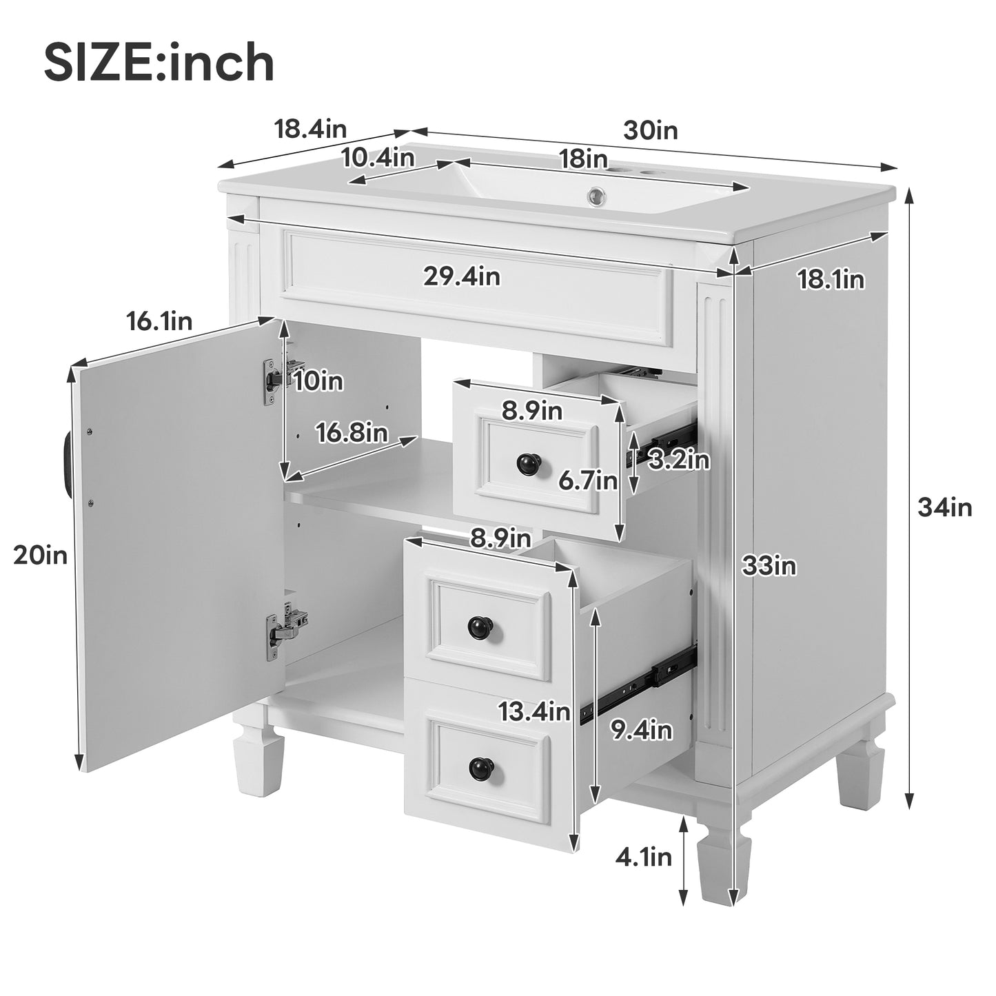 White Ceramic Bathroom Vanity - 30" Small Sink Cabinet