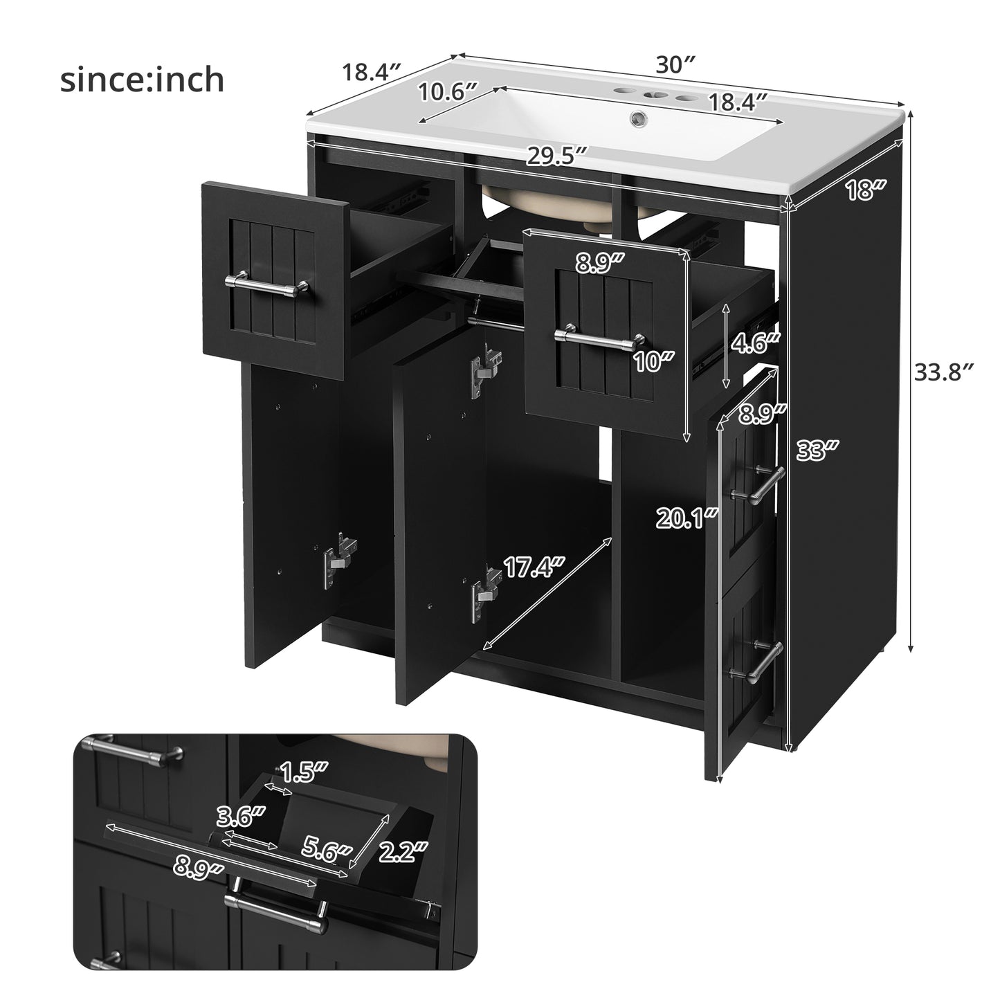30 Inch Black Bathroom Vanity - Ceramic & MDF Storage Cabinet