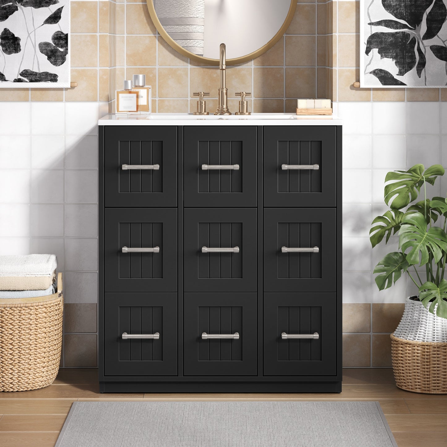 30inch Bathroom Vanity with Undermount Sink and Drawers, Painted Surface, Soft-Close Doors, Bathroom Cabinet with Tip-Out Drawer