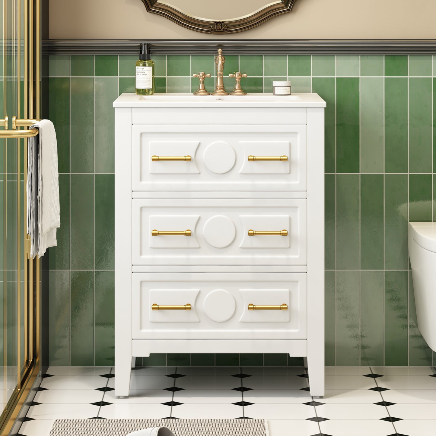 24'' Bathroom Vanity with Ceramic Sink Combo, Free Standing Single Vanity Set with 3 Drawers, Solid Wood Frame Bathroom Storage Cabinet, White