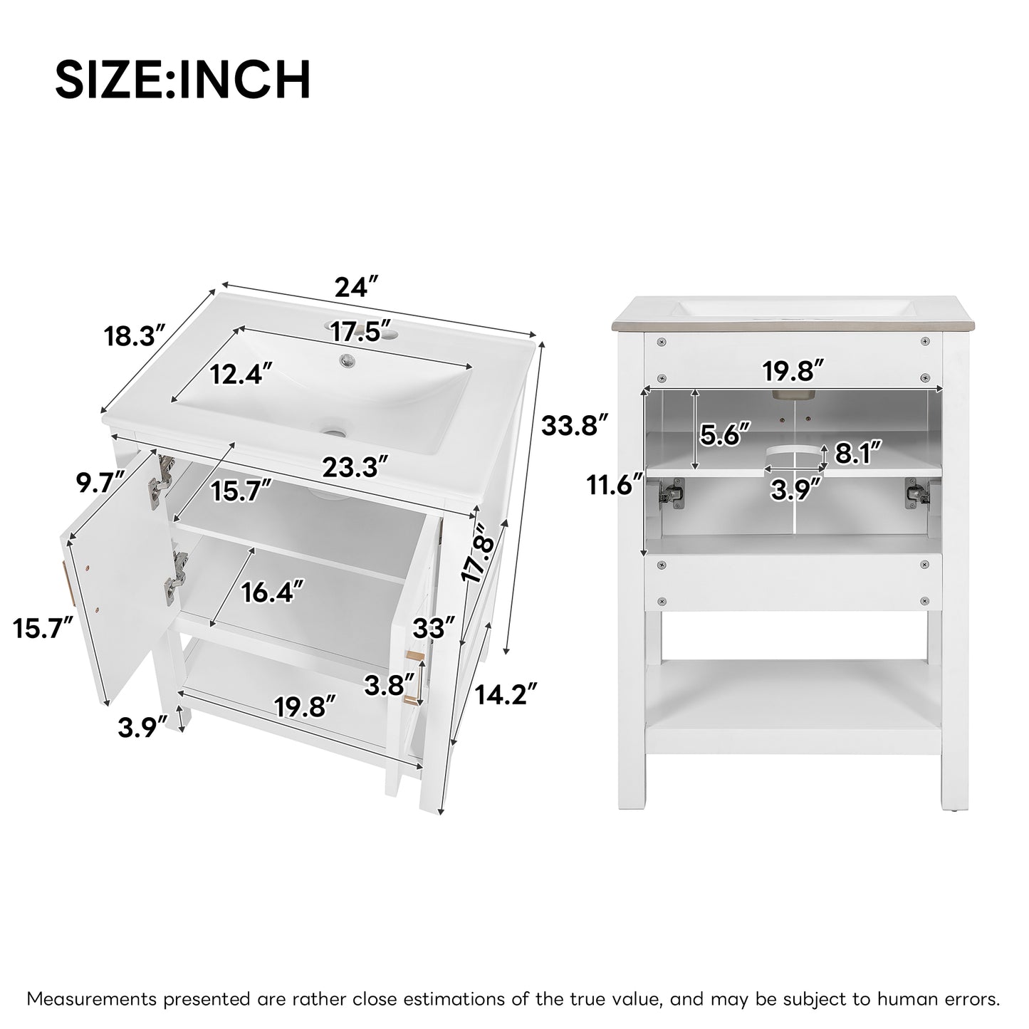 White Ceramic Bathroom Vanity - 24" with Adjustable Shelf