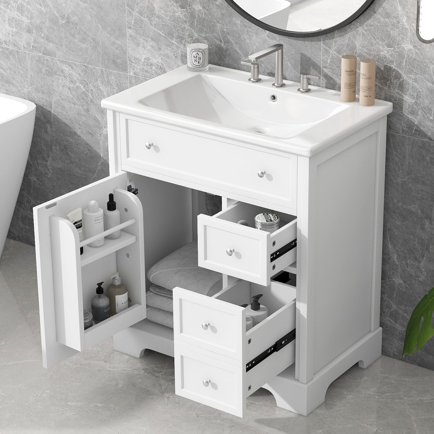 30" Bathroom Vanity with Sink Top, Bathroom Vanity Cabinet with Door and Two Drawers, MDF Boards, Solid Wood, One Package, White (Old Sku:N725P198484K)