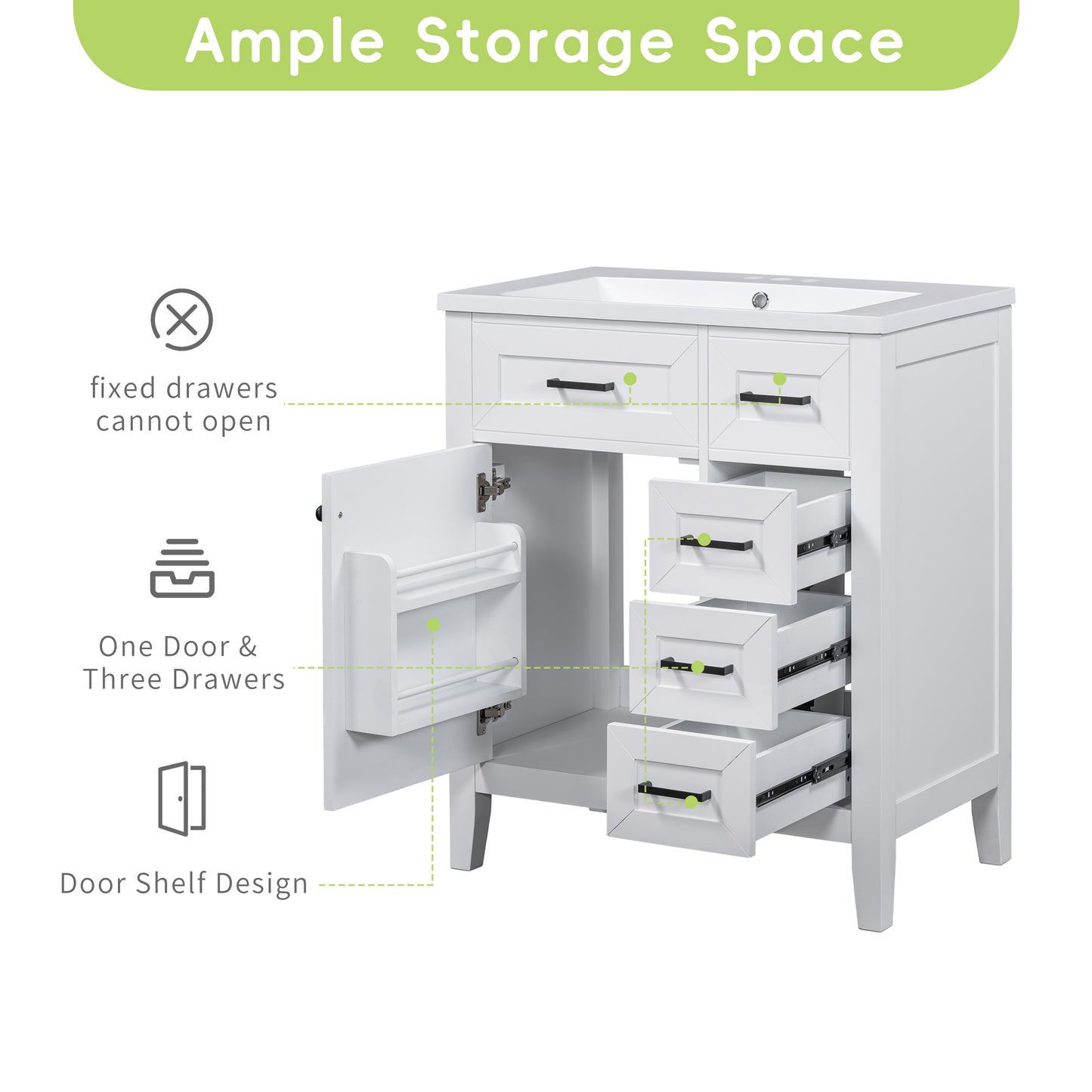 30" White Bathroom Vanity with Sink - Storage Cabinet & Drawers