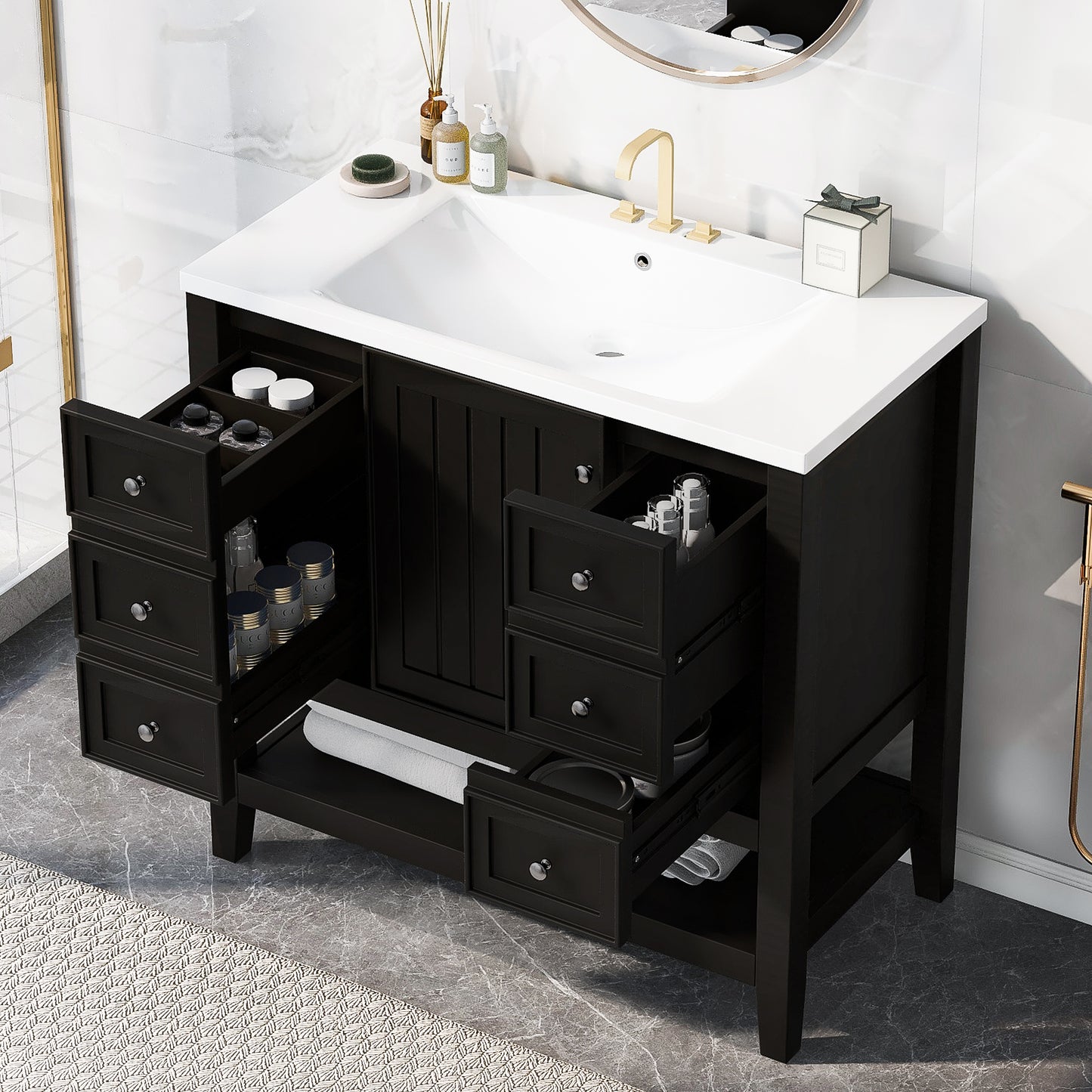 36" Bathroom Vanity with Sink Combo, One Cabinet and Three Drawers, Solid Wood and MDF Board, Black (Old Sku:SY999505AAB)