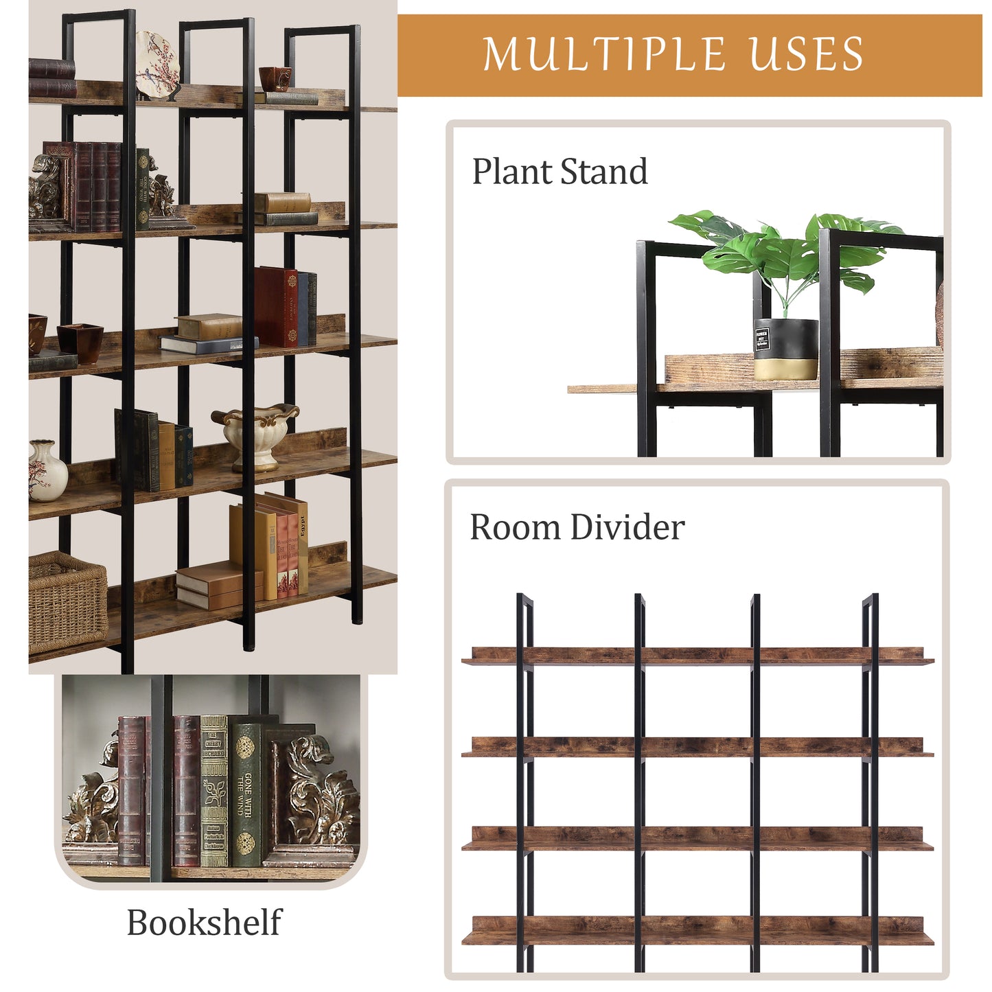 70.9" Brown MDF Steel Bookshelf - Five Tier Storage