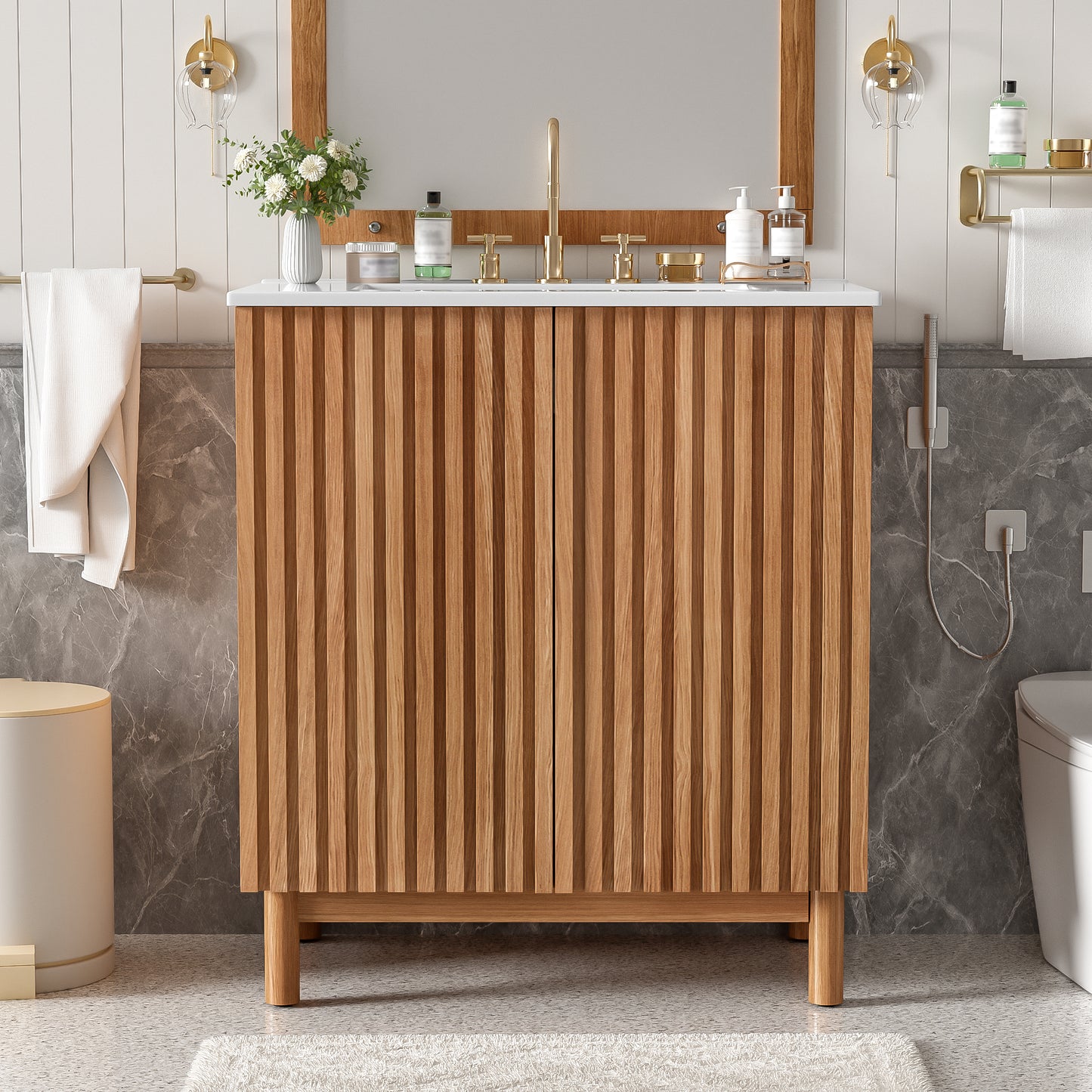 29.9-inch Traditional Bathroom Vanity with Ceramic Sink, Solid Wood Legs, MDF U-Shaped Adjustable Shelf, Soft-Close Doors, and Space-Saving Storage