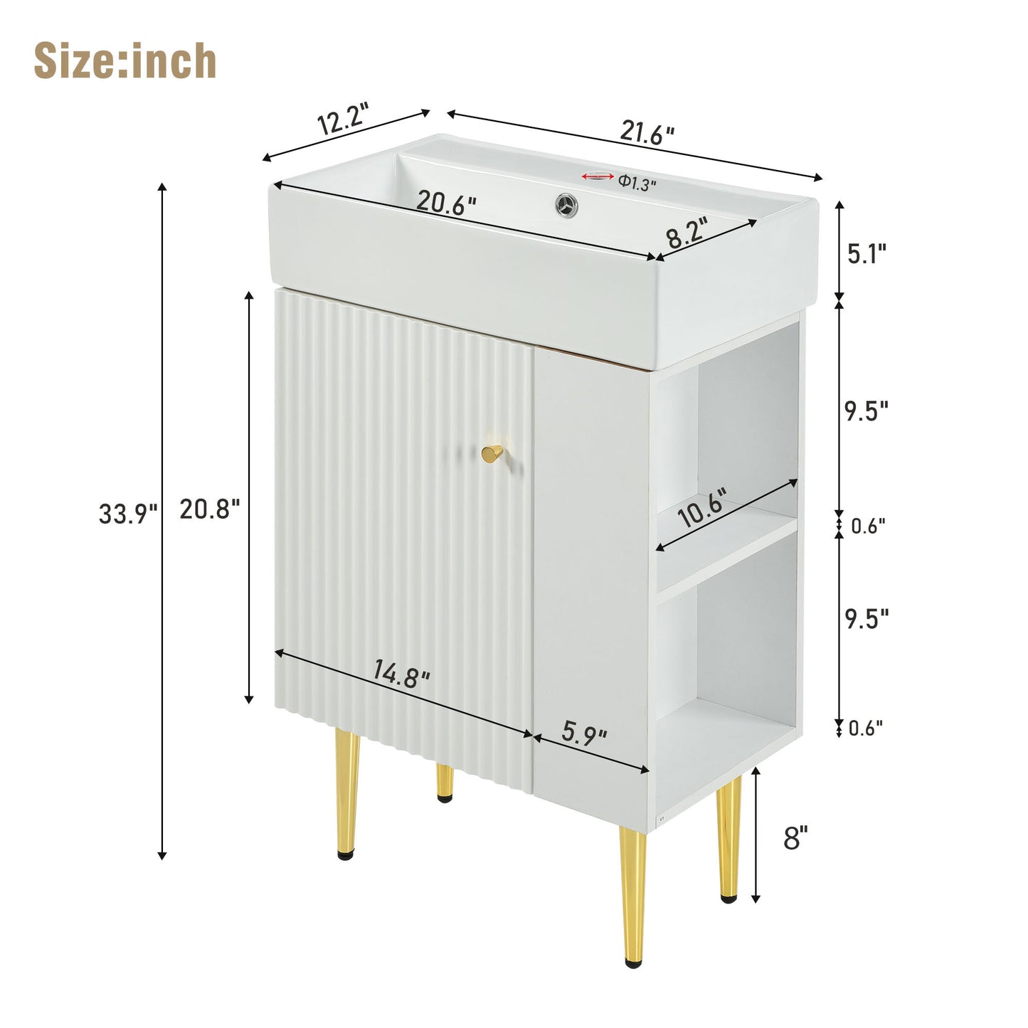 White Ceramic Bathroom Vanity with Storage Cabinet and Gold Legs